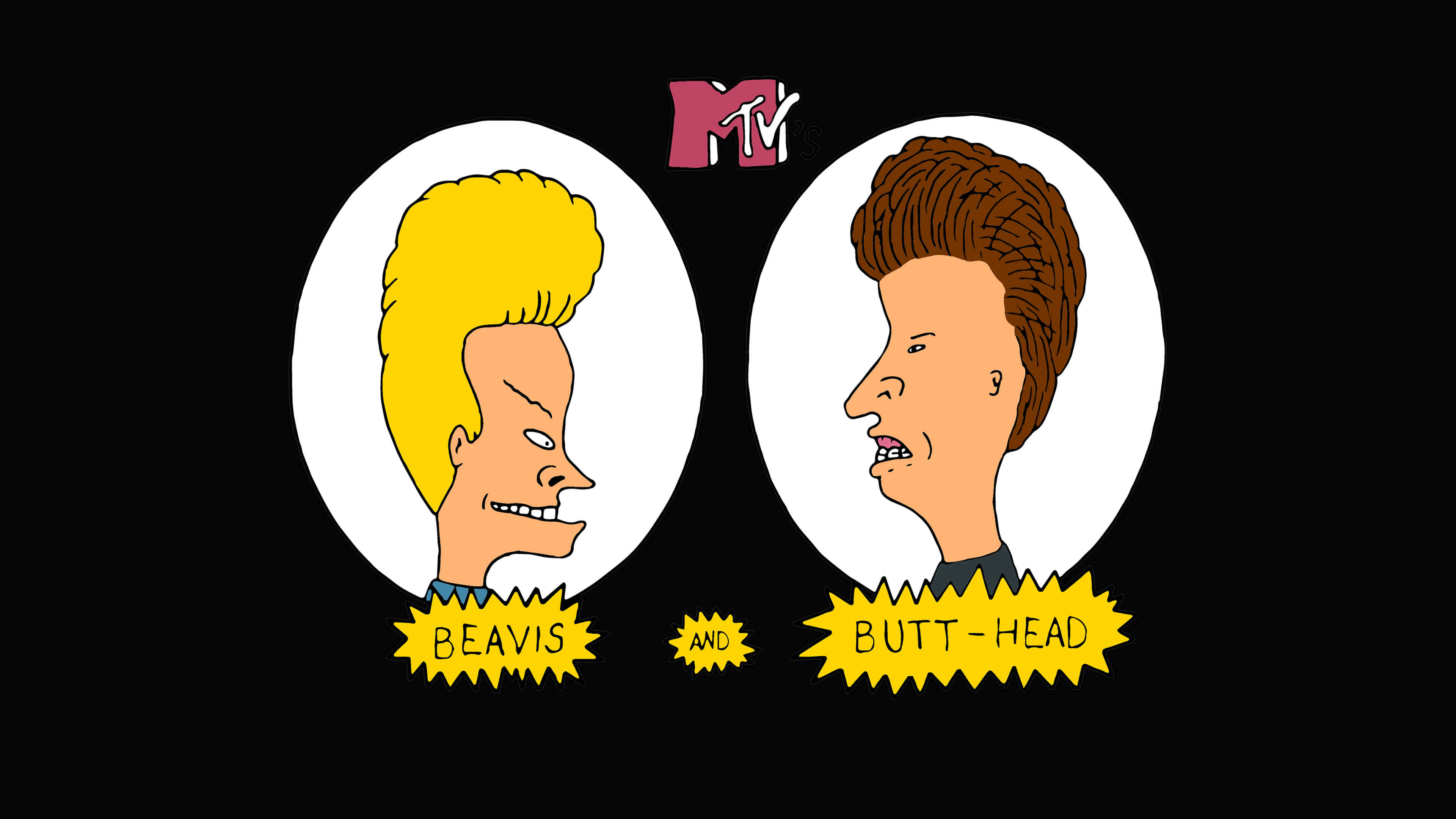 Beavis 桌布 壁紙 — 卡通角色 Beavis 和 Butt-Head 側面輪廓，帶有 MTV 標誌，黑色背景。