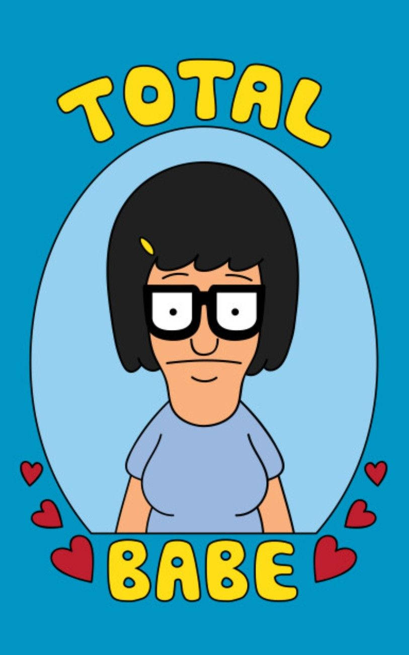 tina 桌布 壁紙 — 卡通角色 Bob's Burgers 的 Louise，黑色鮑伯頭和眼鏡，被心形和粗體黃色文字框住，背景為藍色。