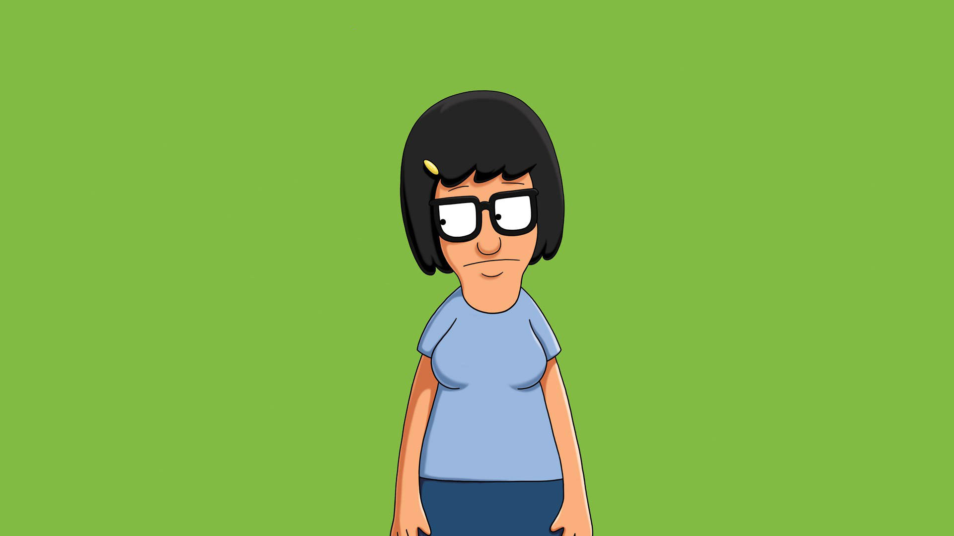 tina 桌布 壁紙 — 卡通角色 Bob's Burgers 媽媽，黑色鮑伯頭和眼鏡，站在純綠色背景前。