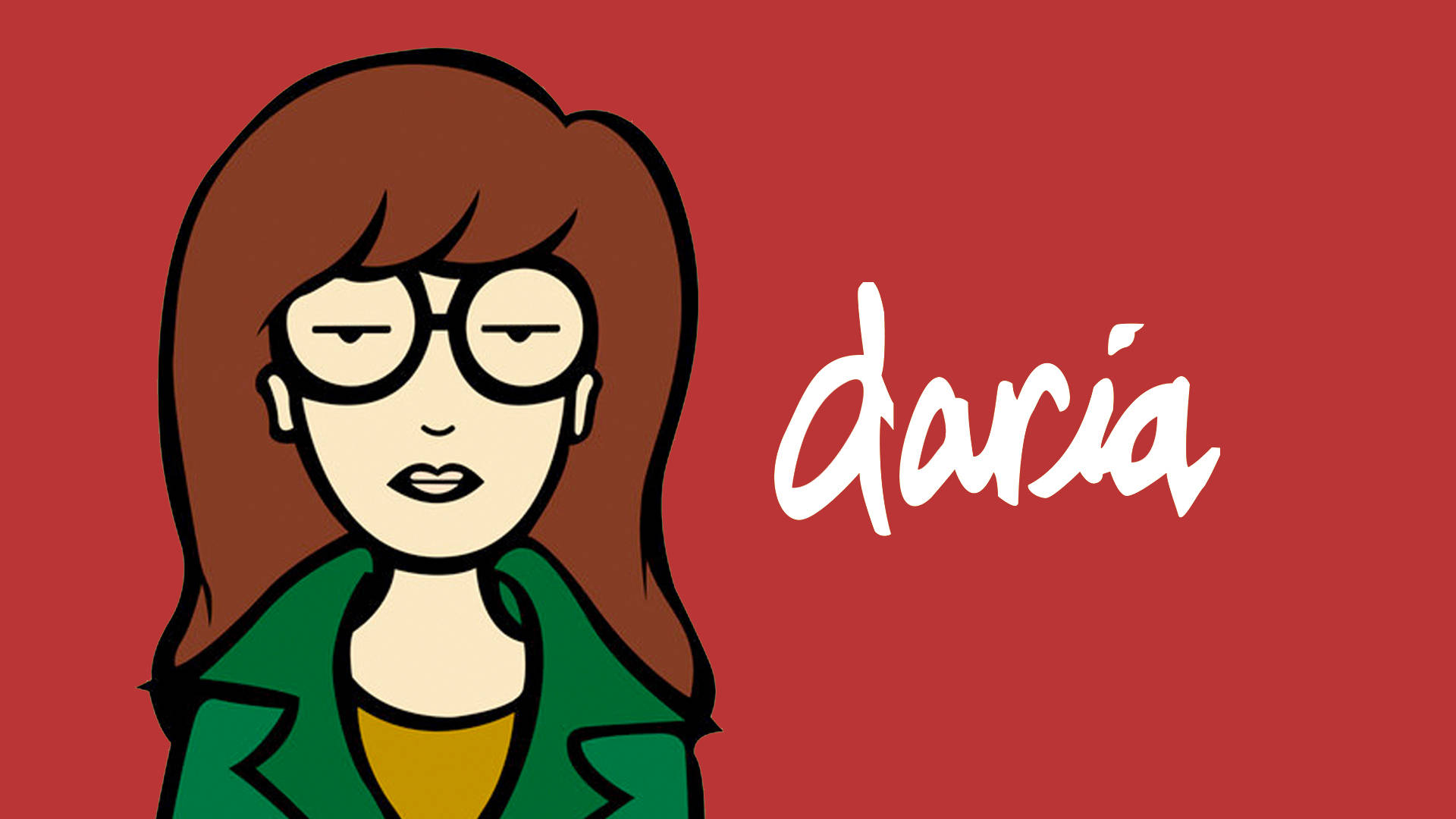 Daria 桌布 壁紙 — 卡通角色 Daria，棕色頭髮戴眼鏡，在純紅色背景上茫然凝視，她的名字以白色字體呈現。