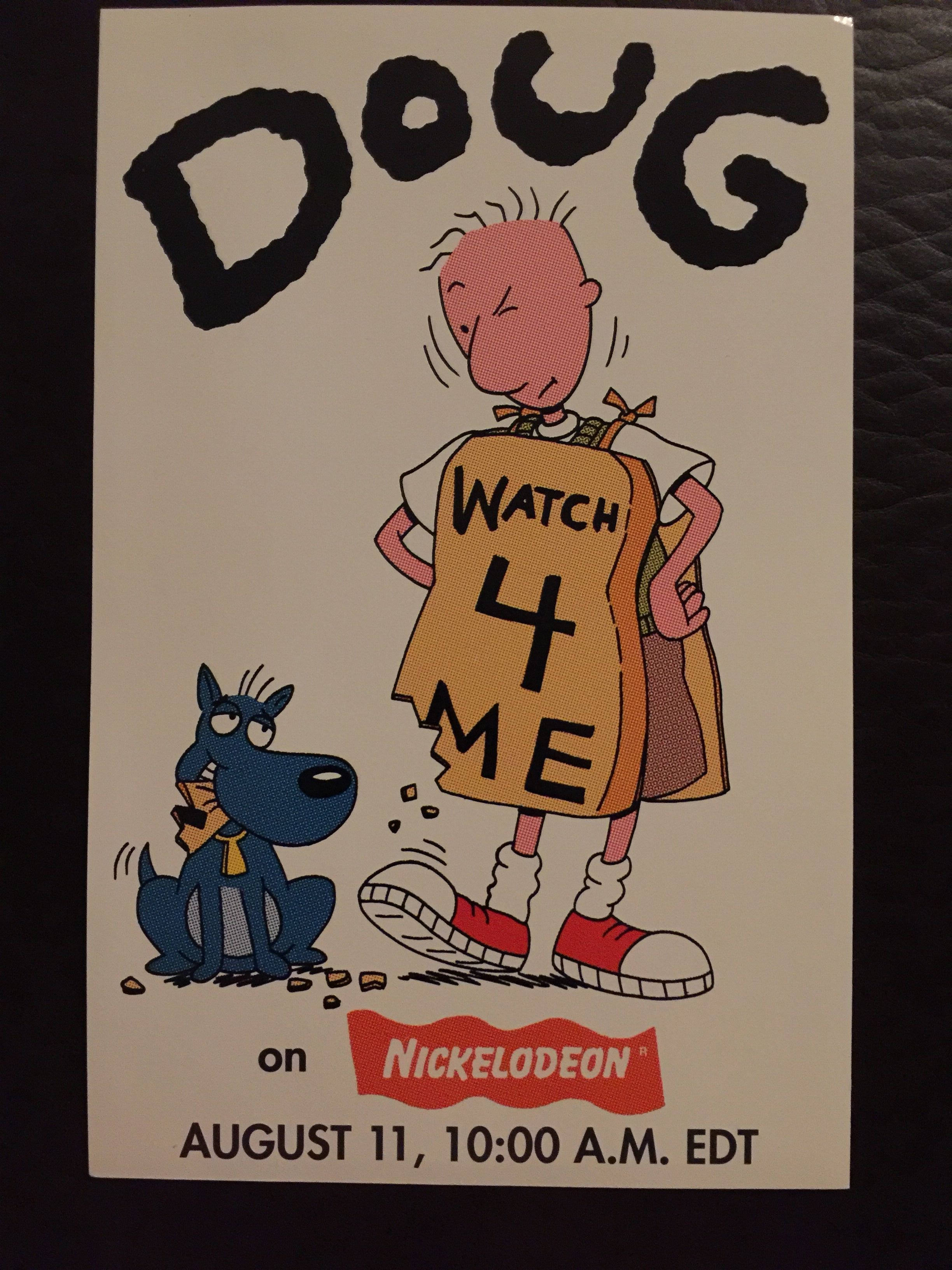 Doug 桌布 壁紙 — 卡通角色 Doug 與他的狗舉著「Watch 4 Me」標語，宣傳 Nickelodeon 節目。
