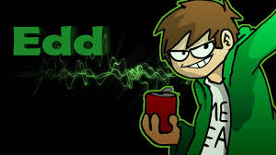Eddsworld 桌布 壁紙 — 卡通角色 Edd 穿著綠色連帽衫，手持帶有綠色能量波的紅色罐子，背景為黑色。