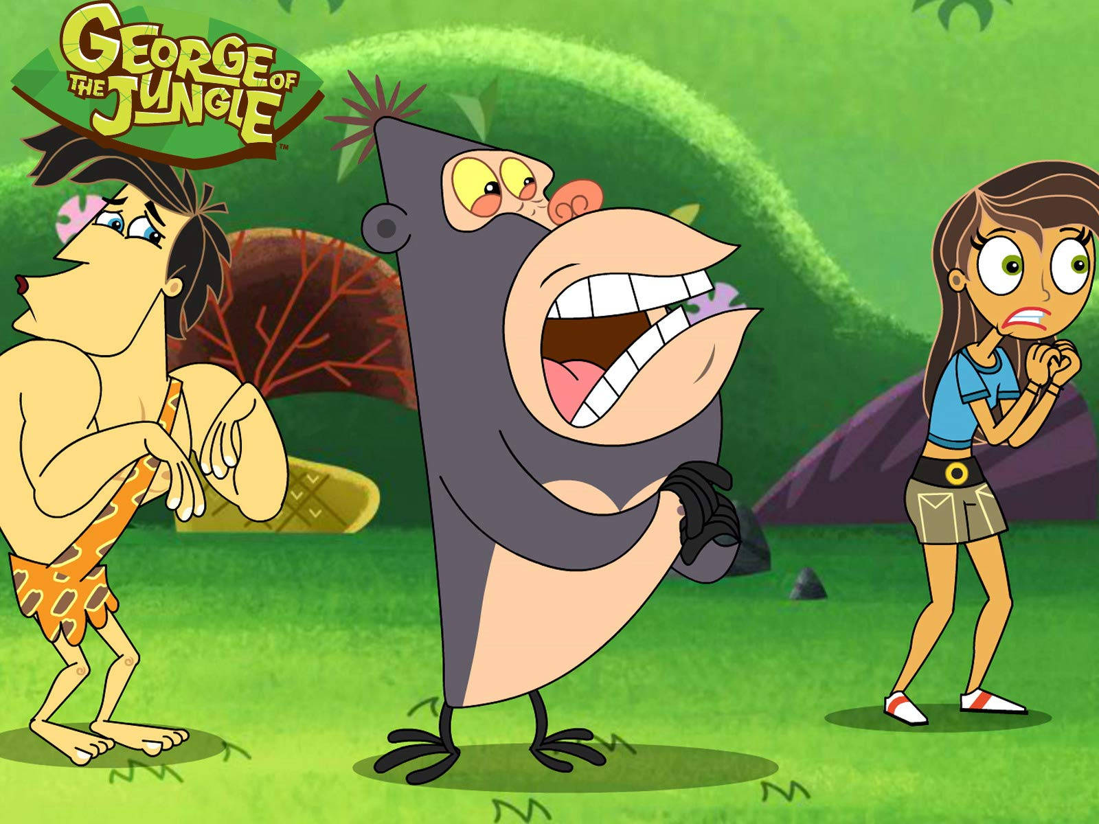 George 桌布 壁紙 — 卡通角色 George the Jungle、一隻猴子和一個女孩在充滿活力的叢林場景中表現出驚訝的反應。