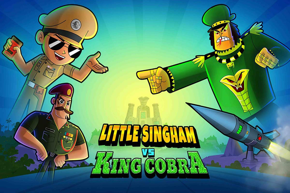 Cartoon 桌布 壁紙 — 卡通角色 Little Singham 和 King Cobra 在充滿活力的動畫海報中對峙，中間有一枚導彈。
