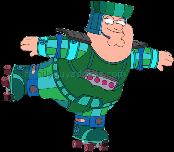 Peter Griffin 穿著綠色和藍色的直排輪，自信地擺出姿勢。
