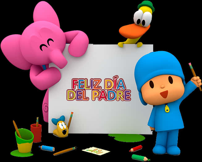 pocoyo 桌布 壁紙 — 卡通角色 Pocoyo 和朋友們高興地舉著一個色彩繽紛的標語牌，上面寫著 Feliz Dia del Padre，周圍散落著美術用品。