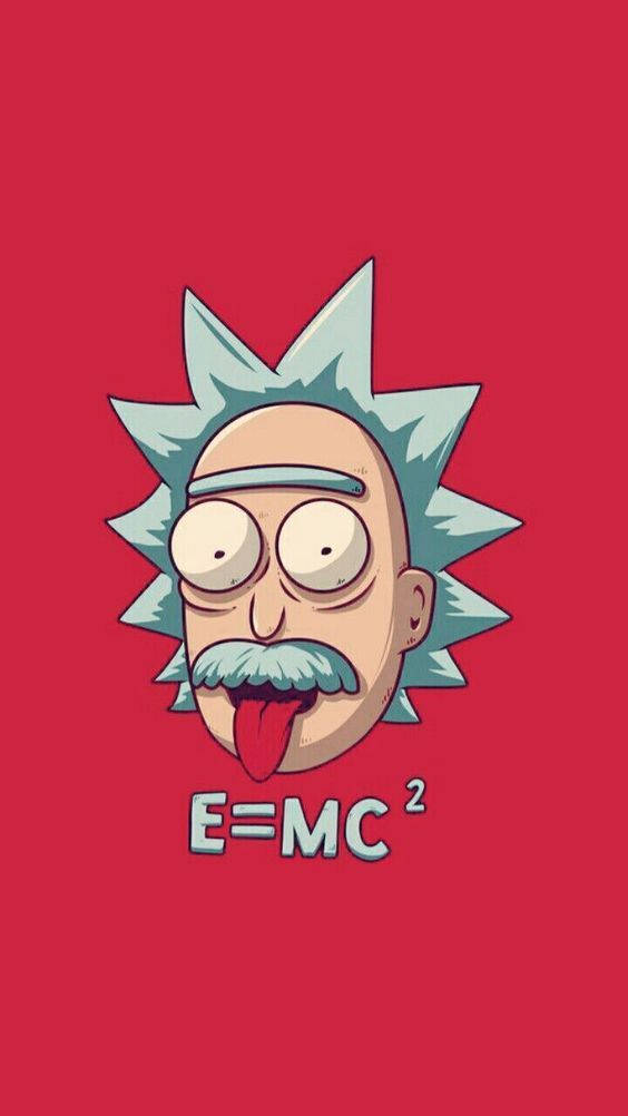 數學 桌布 壁紙 — 卡通角色 Rick Sanchez 在純紅色背景前伸出舌頭，下方有 E=MC²。