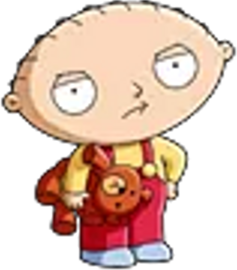 蓋酷家庭 桌布 壁紙 — 卡通角色 Stewie Griffin 身穿紅色工裝褲，抱著一隻泰迪熊，表情無聊。