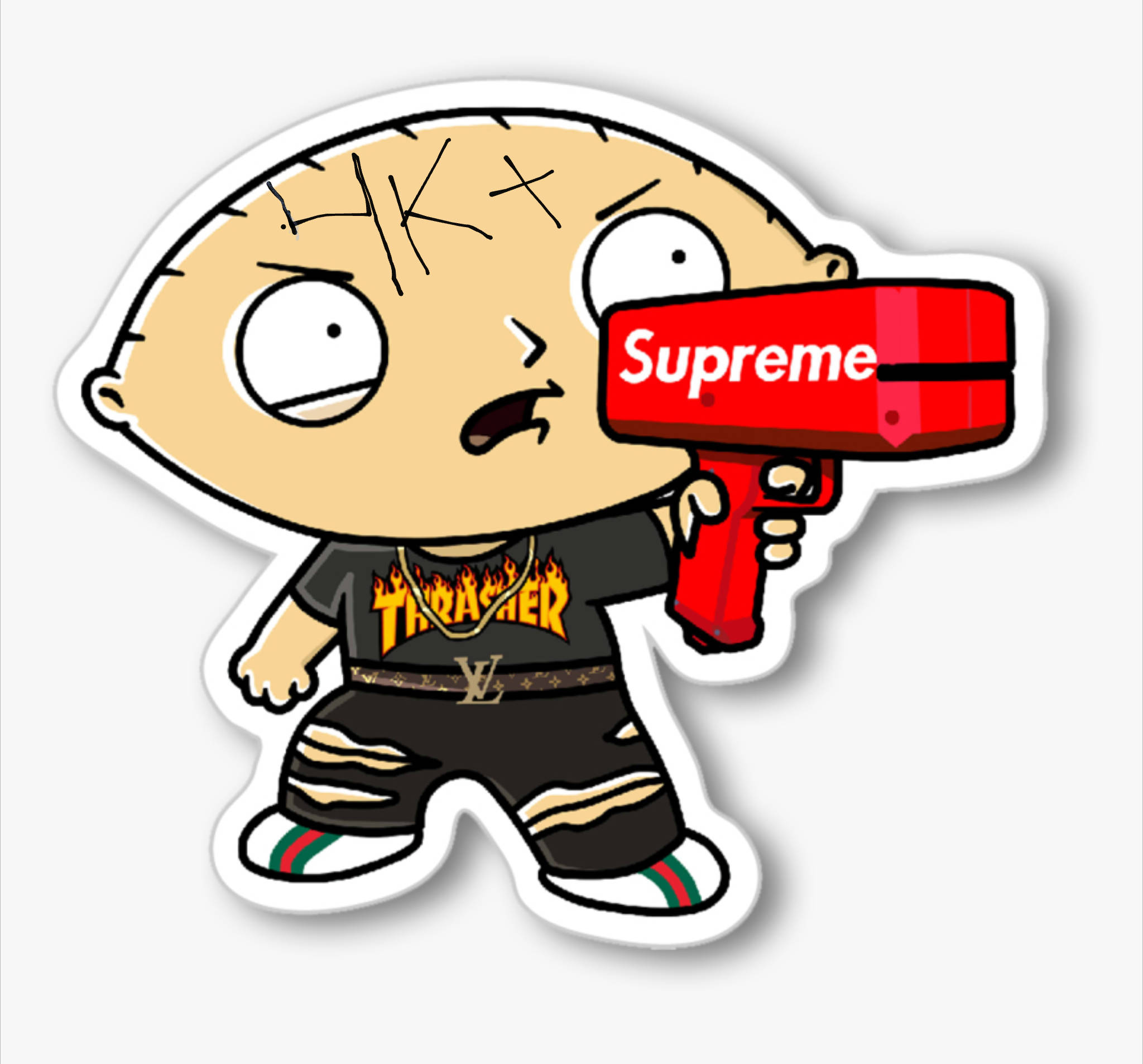 4kt 桌布 壁紙 — 卡通角色 Stewie Griffin 手持紅色 Supreme 品牌手槍，身穿 Thrasher 襯衫和破爛的 Louis Vuitton 褲子。