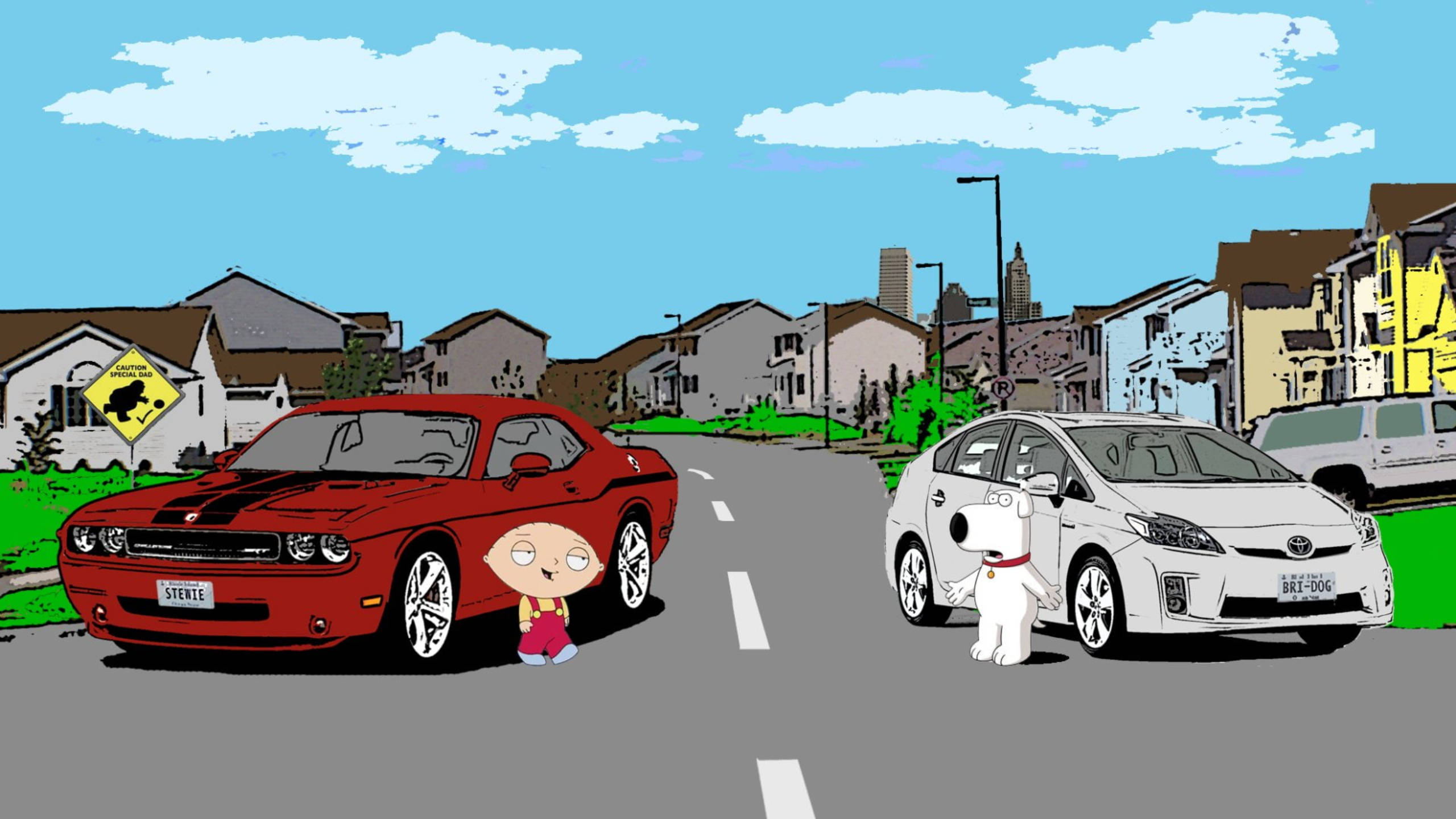 蓋酷家庭 桌布 壁紙 — 卡通角色 Stewie 和 Brian 站在他們的車旁，在郊區街道上，天空湛藍，白雲朵朵。