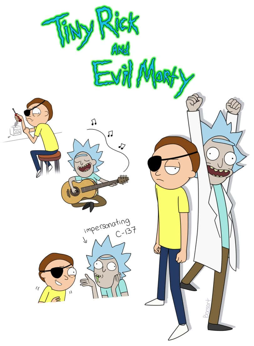 Evil Morty 桌布 壁紙 — 卡通角色 Tiny Rick 和 Evil Morty 穿著海盜服裝，戴著眼罩和吉他，在一個有趣的場景中。