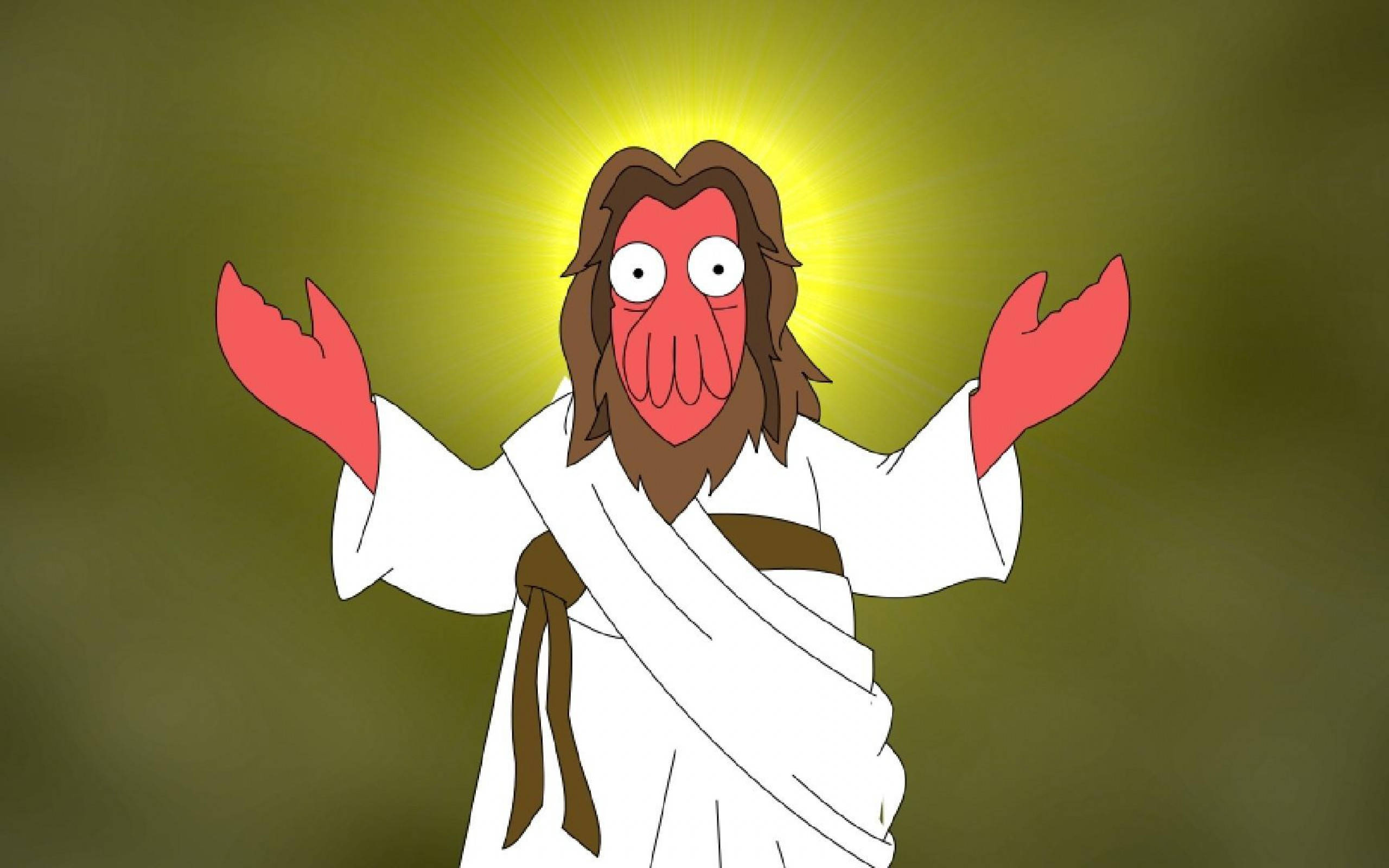 Zoidberg 桌布 壁紙 — 卡通角色，有龍蝦爪和臉，身穿白色長袍，帶有發光的黃色光環，背景為綠色。