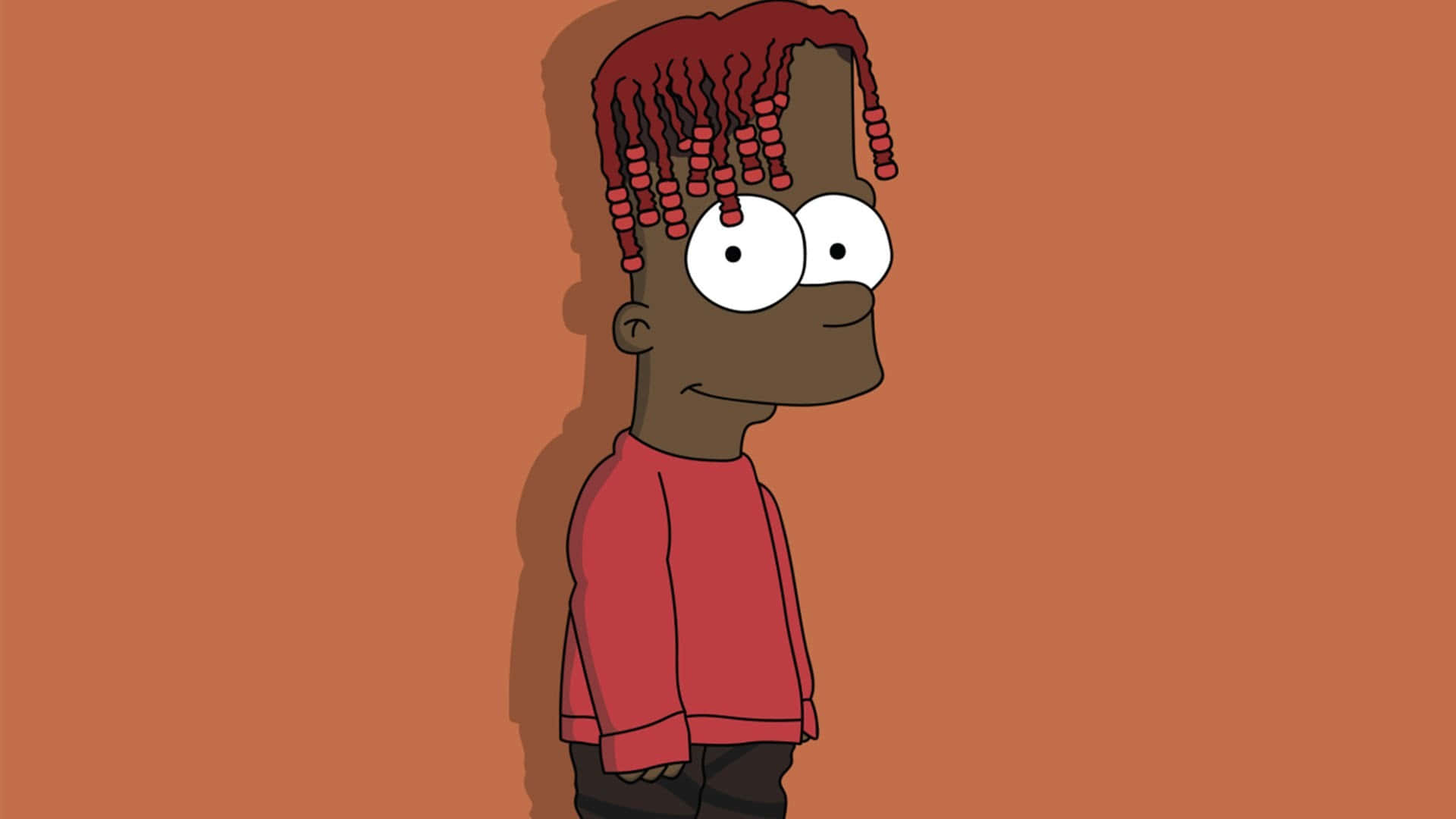 Playboi Carti HD 桌布 壁紙 — 卡通角色，紅色辮子頭髮，紅色襯衫，站在純橙色背景前。