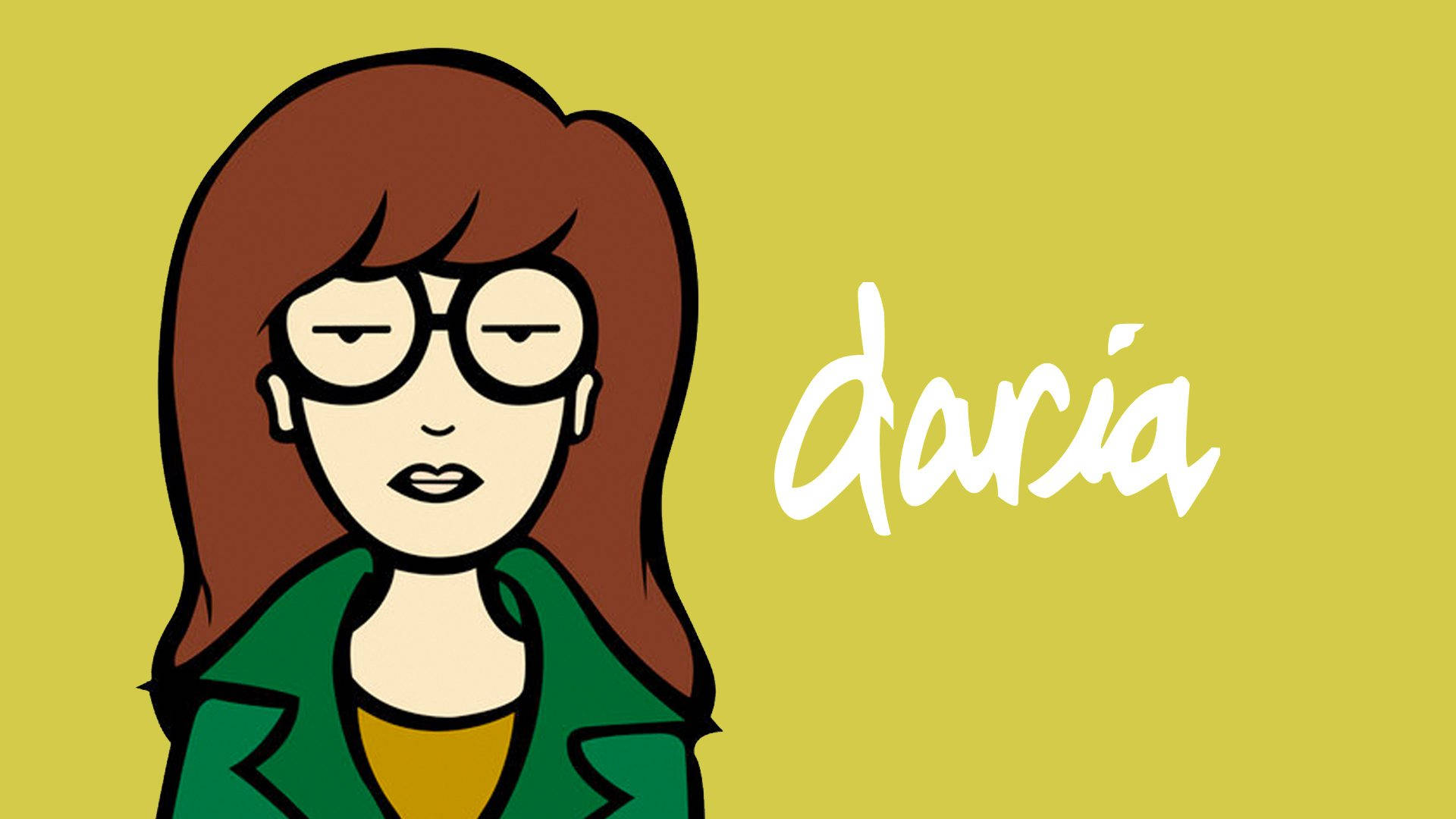 達莉亞 桌布 壁紙 — 卡通角色Daria，棕色頭髮戴眼鏡，在純黃色背景上，她的名字以白色字體呈現。