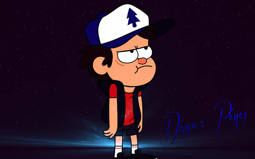 dipper pines 桌布 壁紙 — 卡通角色Dipper Pines站在星空下，表情懷疑，腳下有發光的藍色地面。