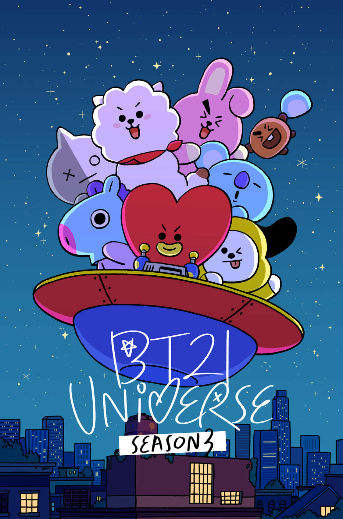 BT21 桌布 壁紙 — 卡通角色乘坐UFO飛越星空下的城市天際線。