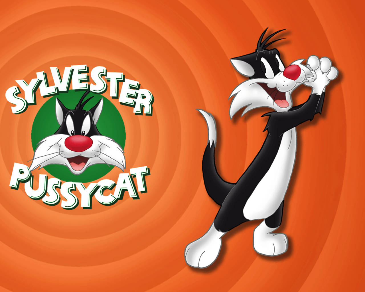 Sylvester 桌布 壁紙 — 卡通角色傻大貓在其標誌旁以勝利姿態擺姿勢，背景為鮮豔的橙色漩渦。