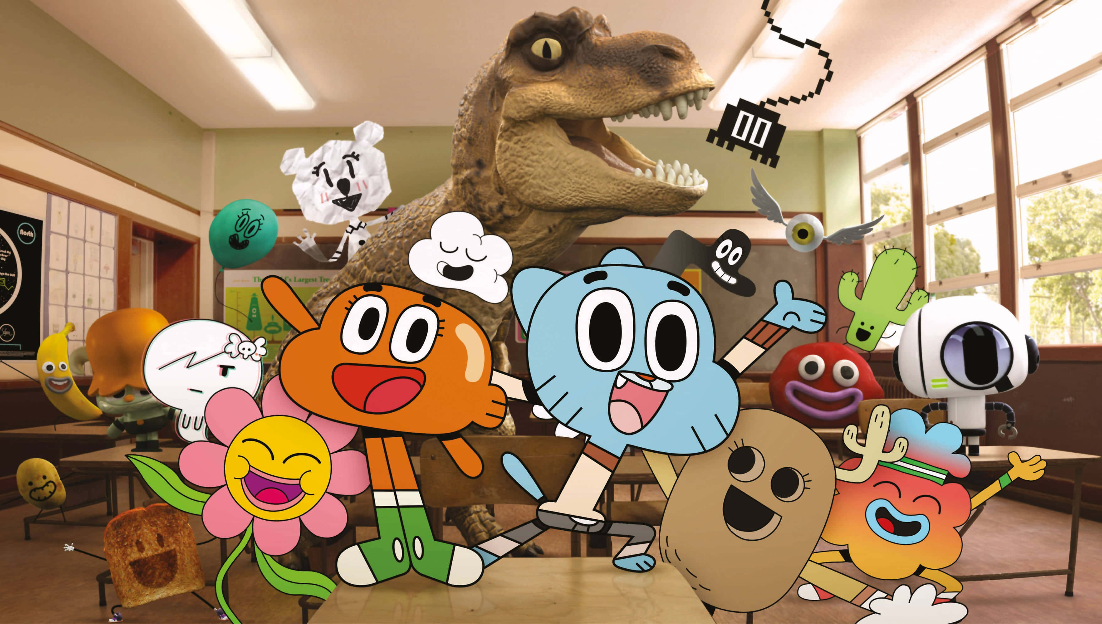 the amazing world of gumball 桌布 壁紙 — 卡通角色包括一隻恐龍和食物物品，愉快地聚集在一個陽光充足的教室裡，有書桌和窗戶。