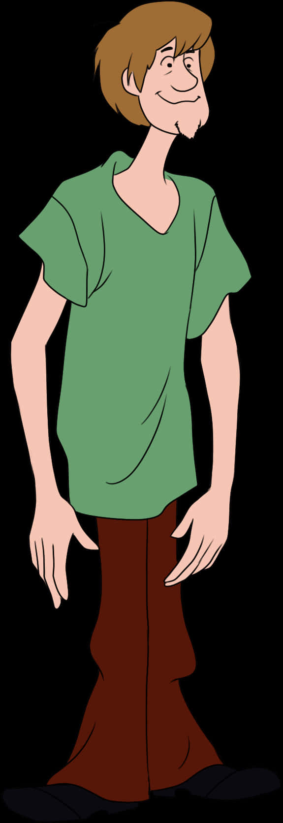 Shaggy Rogers 桌布 壁紙 — 卡通角色史酷比的人類形態夏奇，穿著綠色襯衫和棕色褲子，在黑色背景前微笑站立。