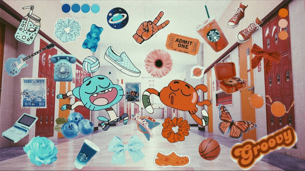 在學校走廊中漂浮的卡通角色和流行文化物品。 — 橘色美學 GIF 壁紙