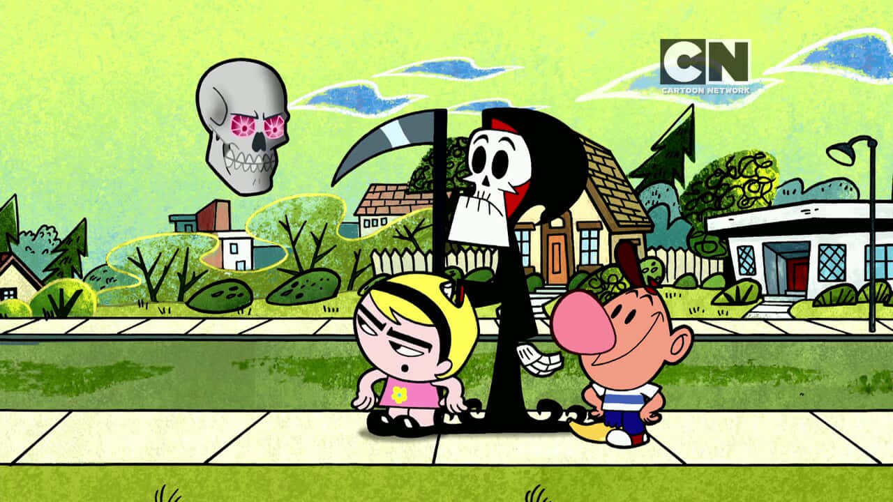 the grim adventures of billy and mandy 桌布 壁紙 — 卡通角色在一個有房屋和樹木的郊區社區遇到一個骷髏頭的死神。