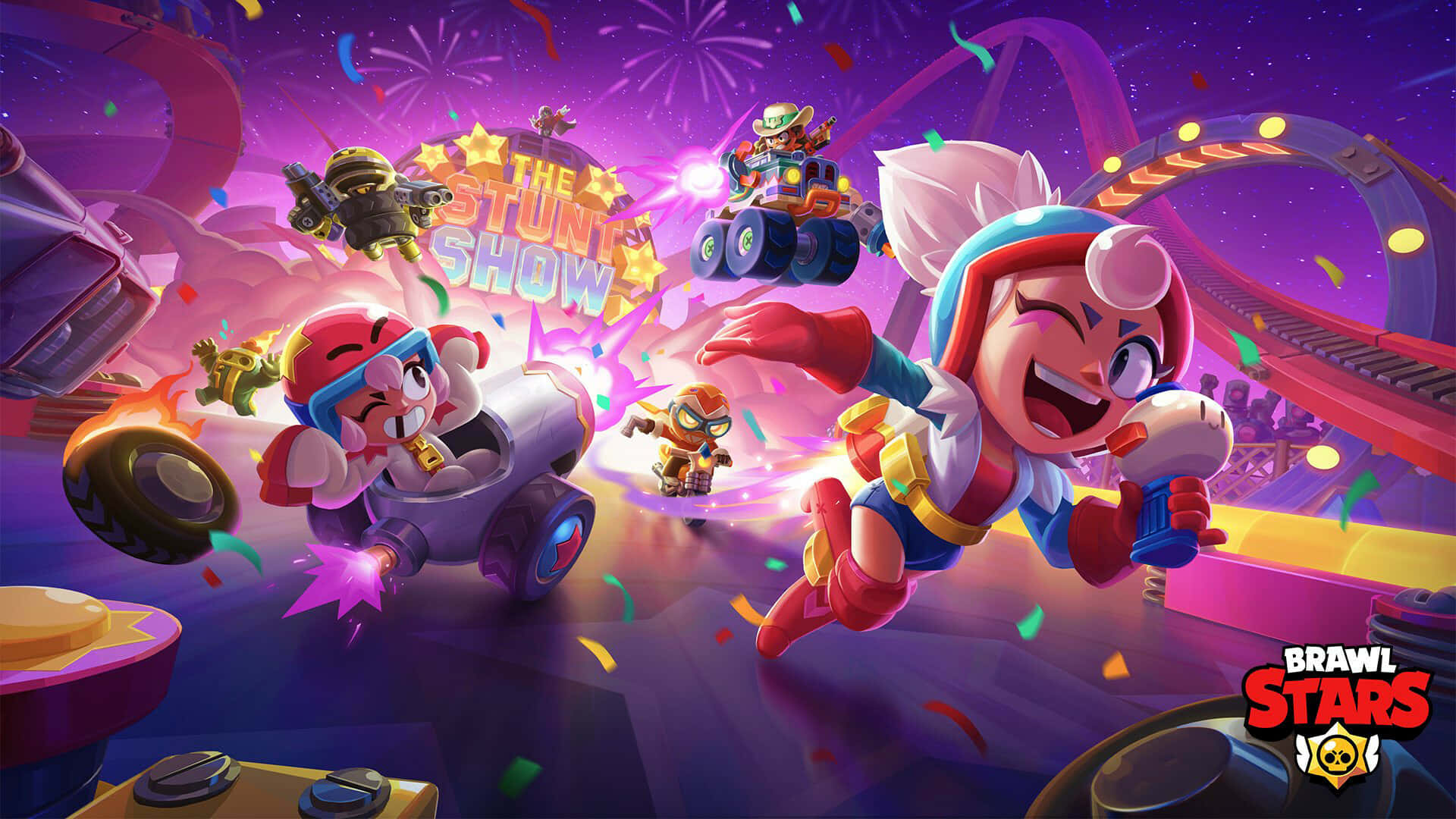 Brawl Stars 角色在煙火和五彩紙屑中競速並表演特技。 — 荒野亂鬥 GIF 壁紙