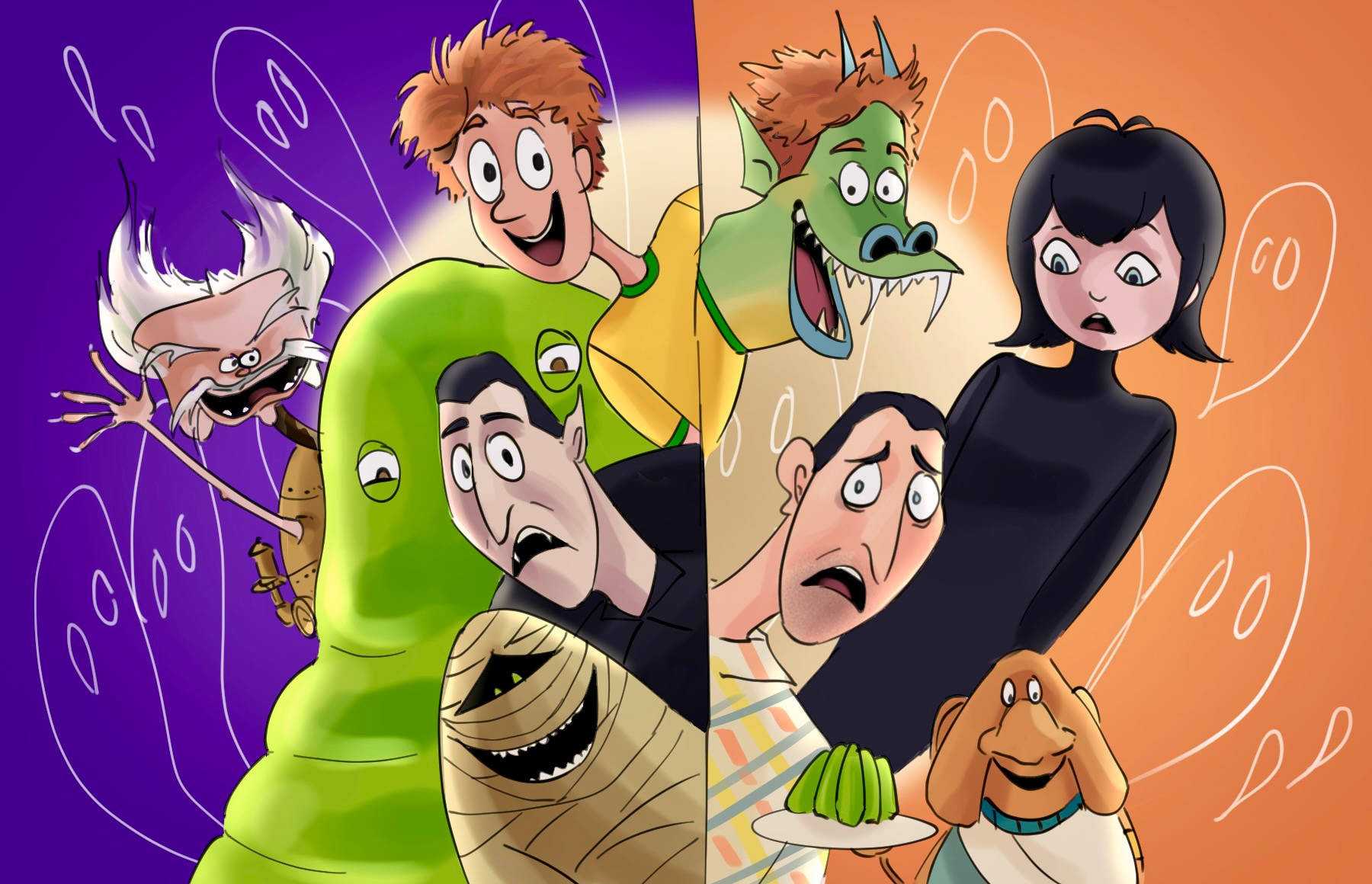 hotel transylvania transformania 桌布 壁紙 — 卡通角色在分割畫面恐怖喜劇場景中與怪物和受驚的人類。