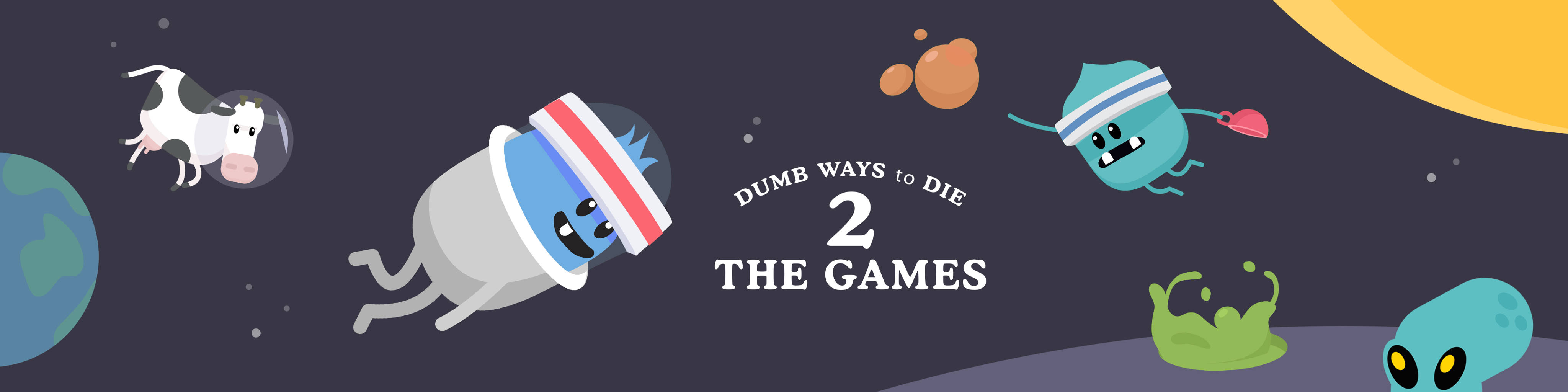 dumb 桌布 壁紙 — 卡通角色在太空漂浮，靠近行星和發光的月亮，標題為 Dumb Ways to Die 2 The Games。