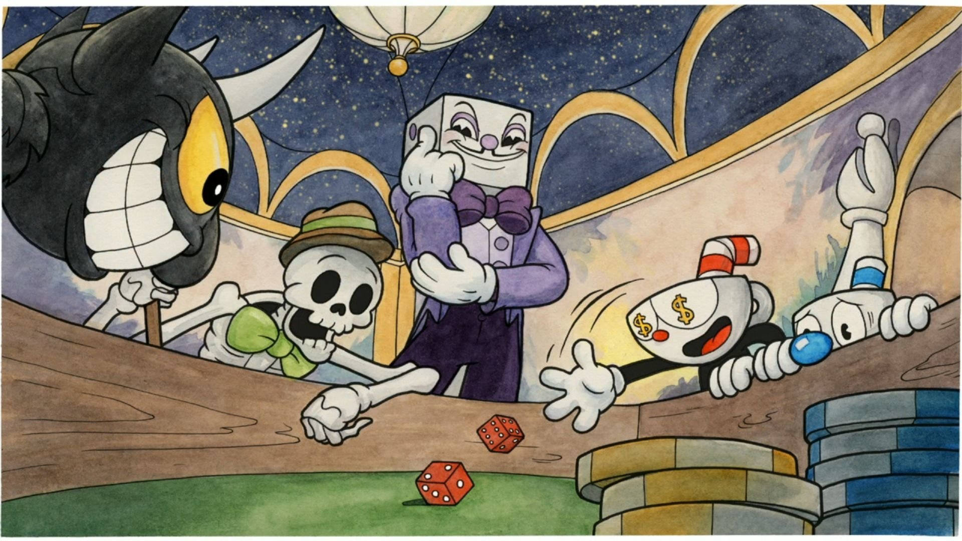 茶杯頭 桌布 壁紙 — 卡通角色在星空下華麗的賭場環境中玩骰子遊戲。