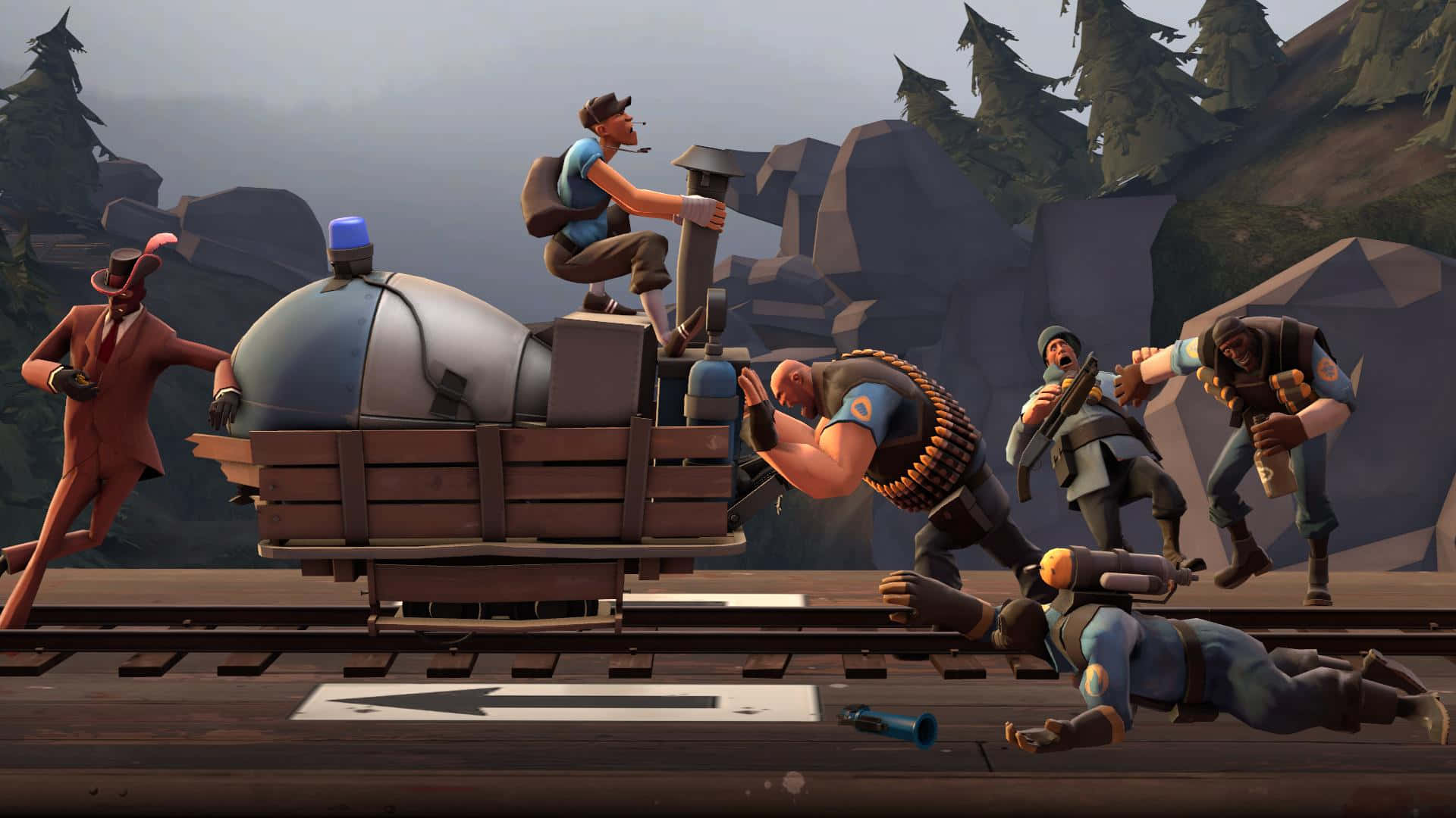 Tf2 桌布 壁紙 — 卡通角色在混亂的火車搶劫場景中，崎嶇地形和戲劇性動作。