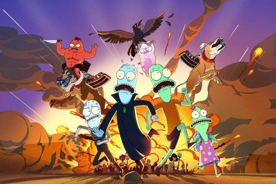 Animated 桌布 壁紙 — 卡通角色在紫色天空下，於混亂的沙漠戰鬥中，伴有爆炸和飛行生物。