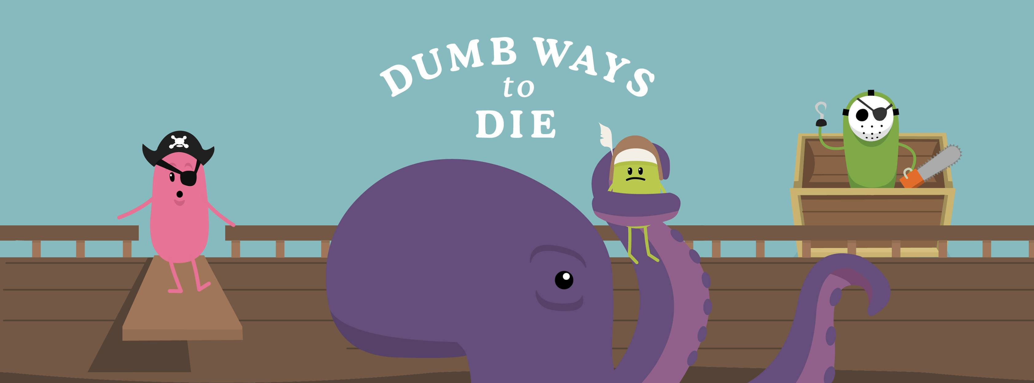 dumb 桌布 壁紙 — 卡通角色在船甲板上，有一隻巨大的紫色章魚，文字寫著「dumb ways to die」。