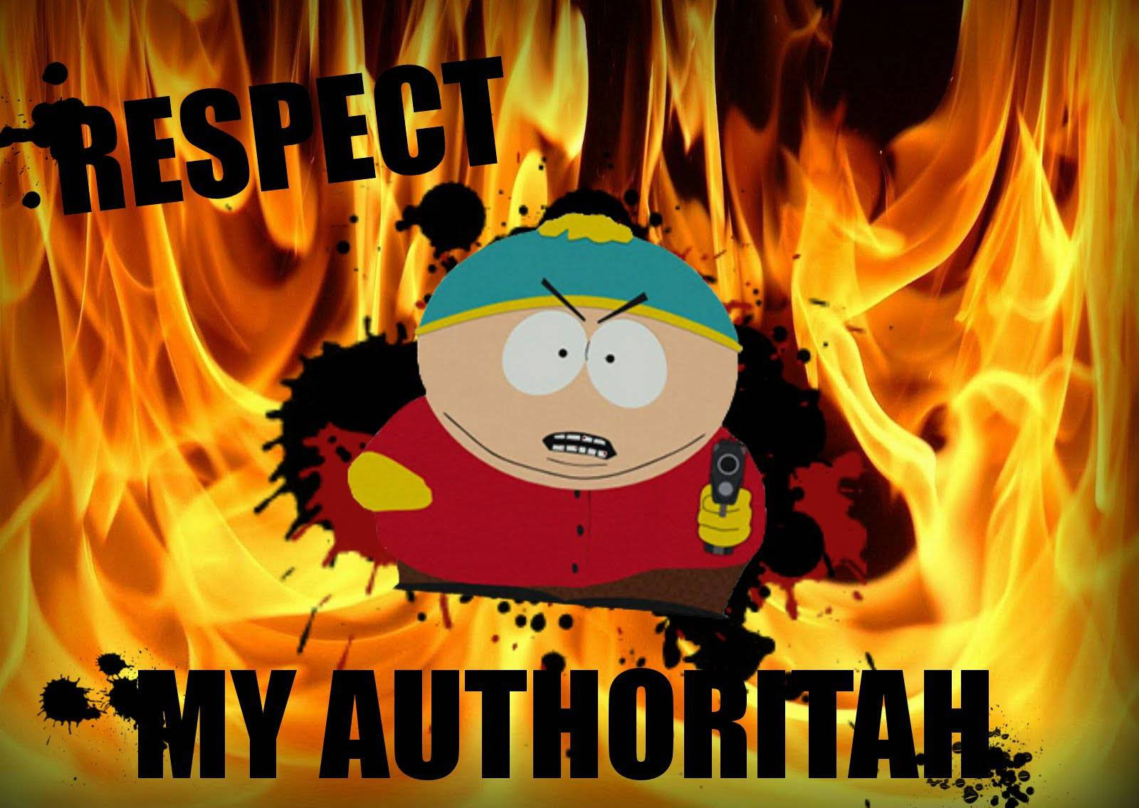 Cartman 桌布 壁紙 — 卡通角色帶著憤怒表情，在火焰背景前持槍，粗體文字寫著 respect my authorithah。