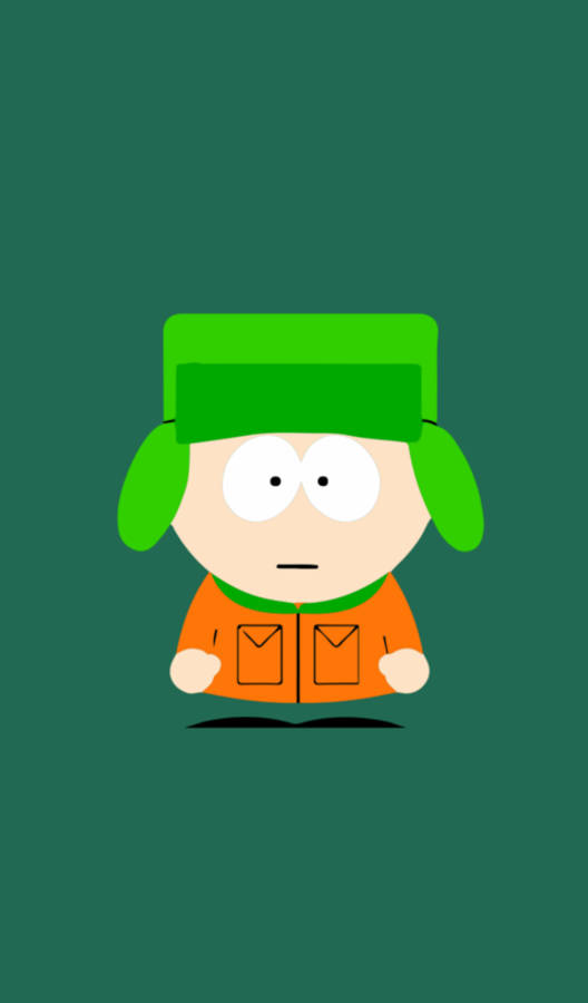 Kyle Broflovski 桌布 壁紙 — 卡通角色戴著綠色帽子和橙色外套，站在純深綠色背景中央。