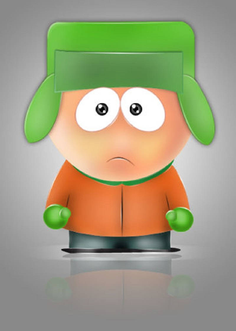Kyle Broflovski 桌布 壁紙 — 卡通角色戴著綠色帽子和橙色外套，站在反光表面上，表情悲傷。