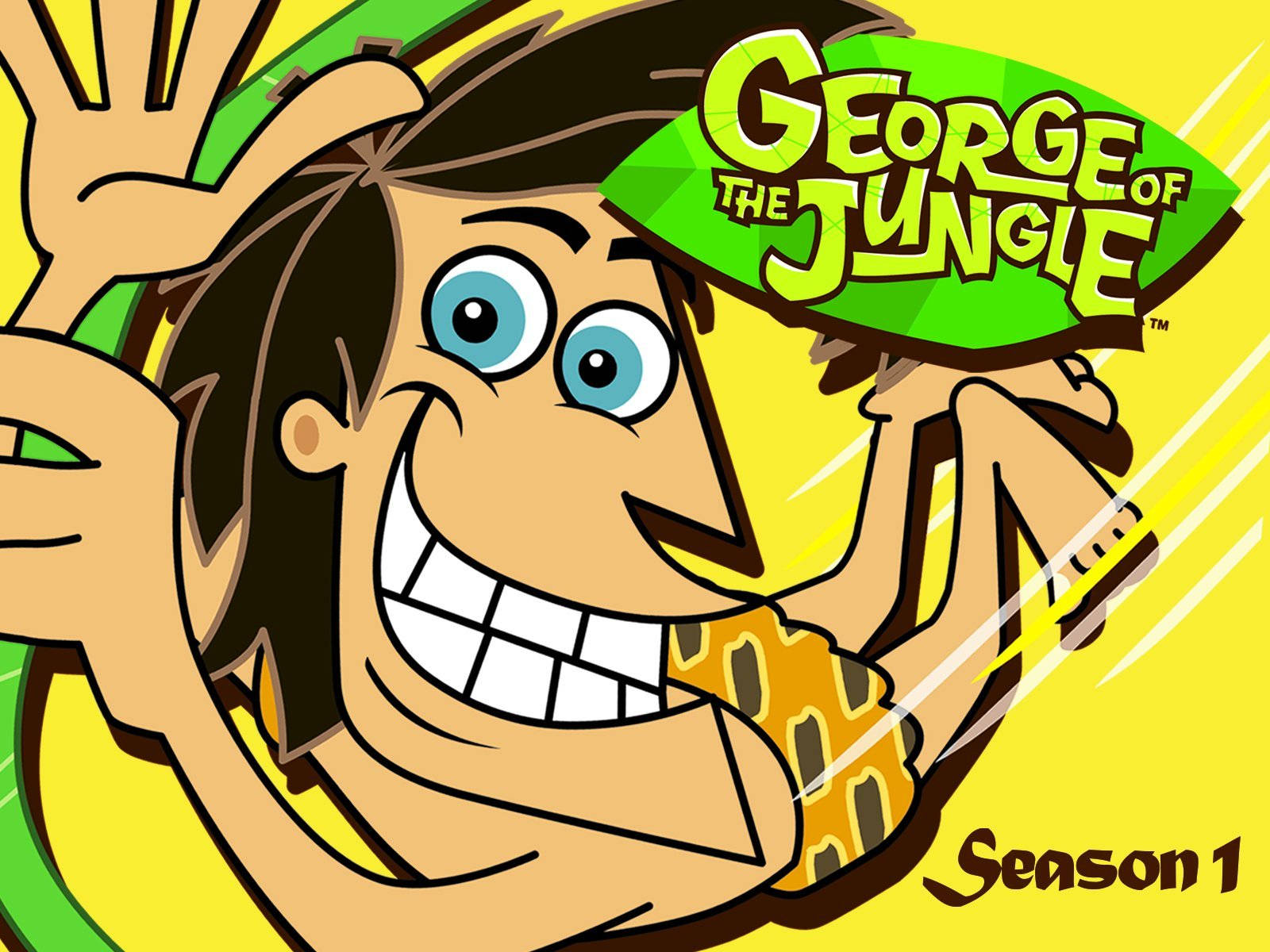 George 桌布 壁紙 — 卡通角色森林王子喬治在明亮的黃色叢林主題背景上，帶著粗體綠色標題，愉快地揮手。