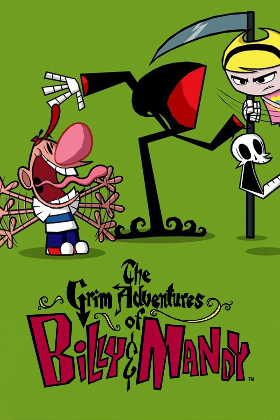 the grim adventures of billy and mandy 桌布 壁紙 — 卡通角色比利和曼迪在充滿活力的綠色背景上面對一個威脅性的死神。
