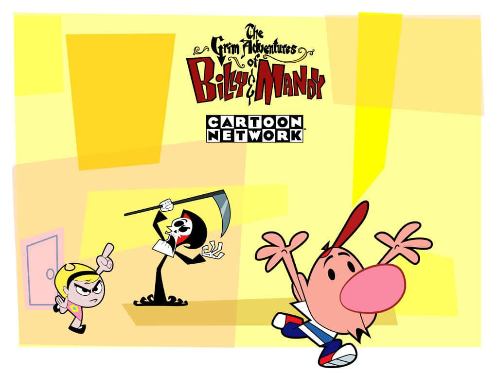 the grim adventures of billy and mandy 桌布 壁紙 — 卡通角色比利和曼迪在明亮的黃色抽象背景中與死神對峙。