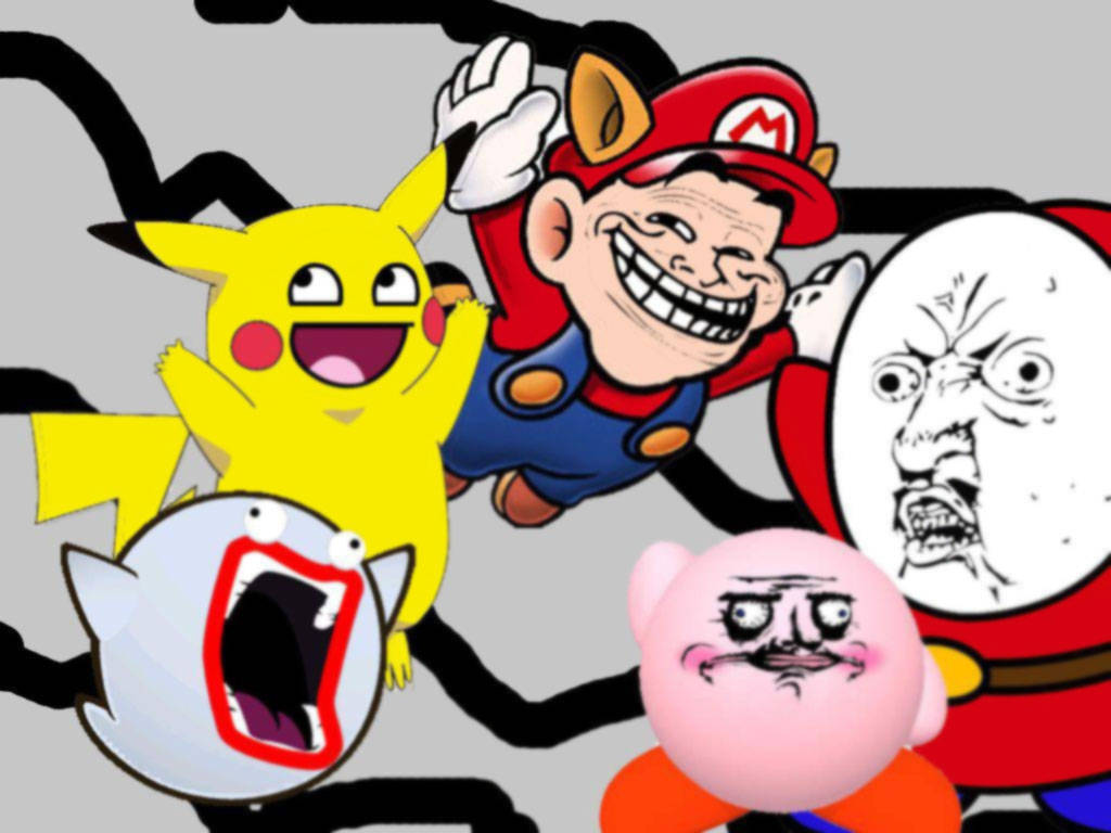Funny Meme 桌布 壁紙 — 卡通角色瑪利歐、皮卡丘和卡比，帶有扭曲的憤怒表情和尖叫的鬼魂，背景為灰色。
