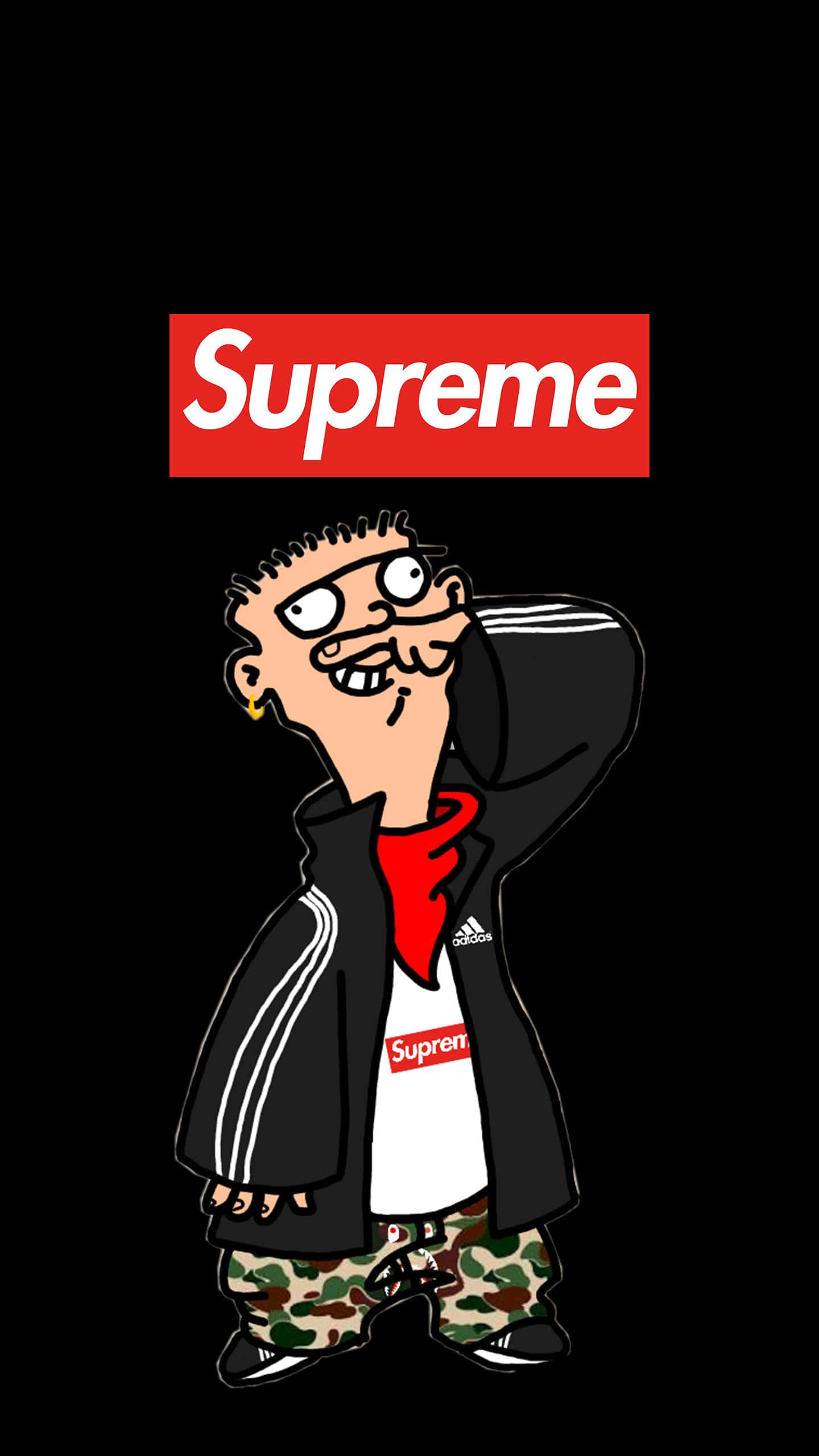 潮流玩家 桌布 壁紙 — 卡通角色穿著Supreme品牌服裝在黑色背景前自信擺姿勢。