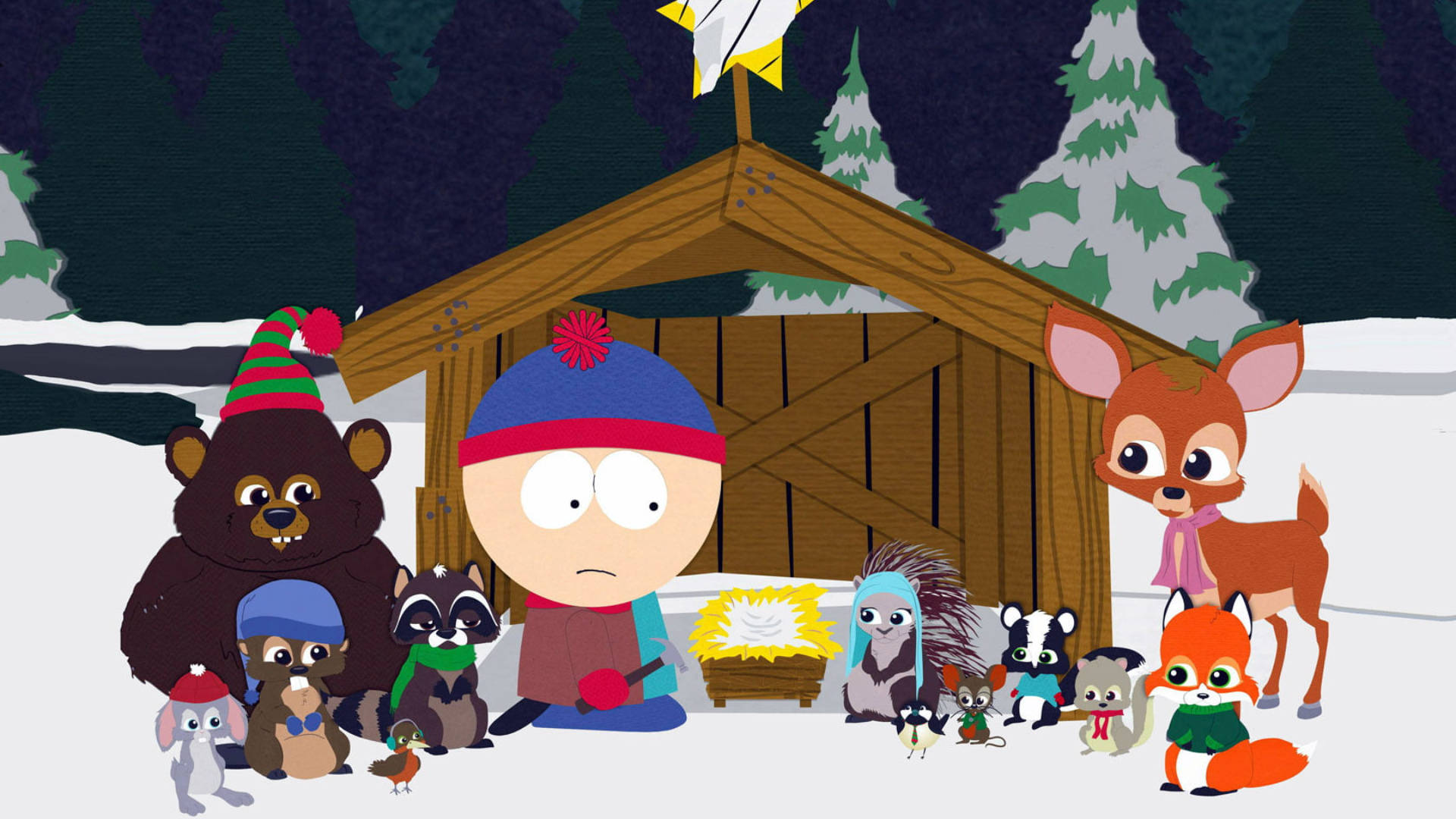 stan marsh 桌布 壁紙 — 卡通角色穿著冬季裝備，在夜晚聚集在雪覆蓋的松樹下的木棚周圍。