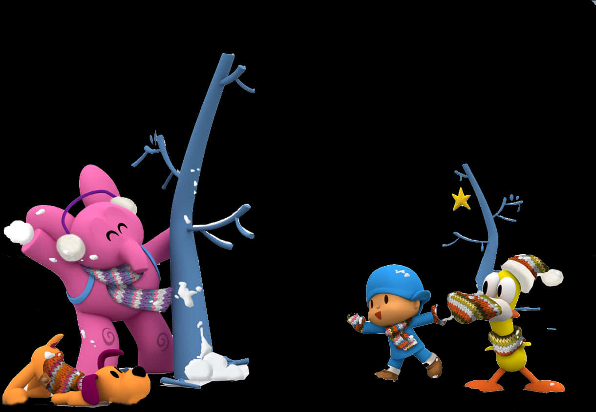 pocoyo 桌布 壁紙 — 卡通角色穿著冬季裝備，在黑色背景上與被雪覆蓋的樹木嬉戲互動。