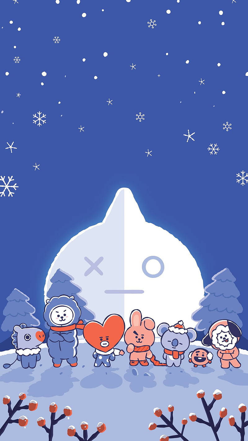 Koya 桌布 壁紙 — 卡通角色穿著冬季裝備，站在一個被雪覆蓋的大型冰雕前，背景是星空藍天和飄雪。