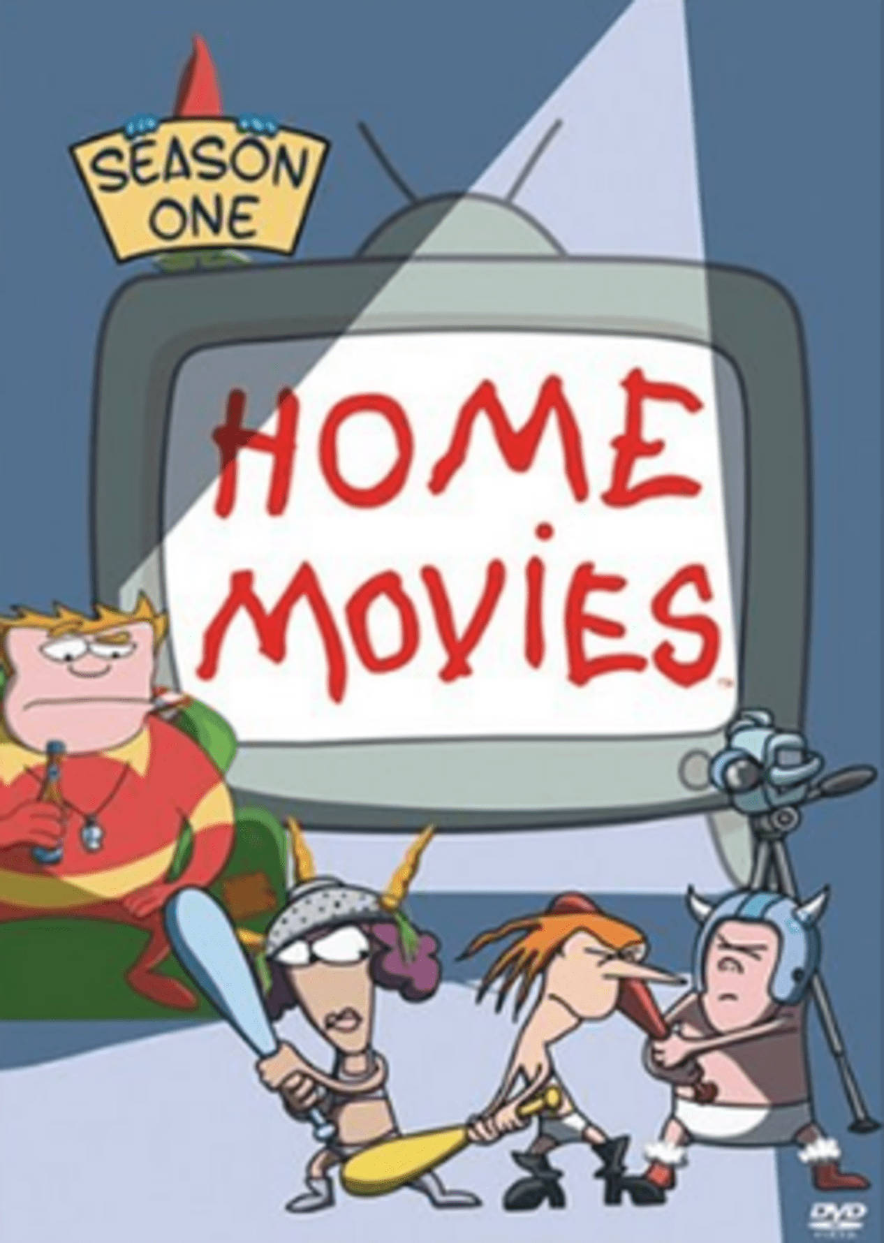 Animated 桌布 壁紙 — 卡通角色穿著維京裝備在顯示《Home Movies》第一季標題的電視前打鬥。