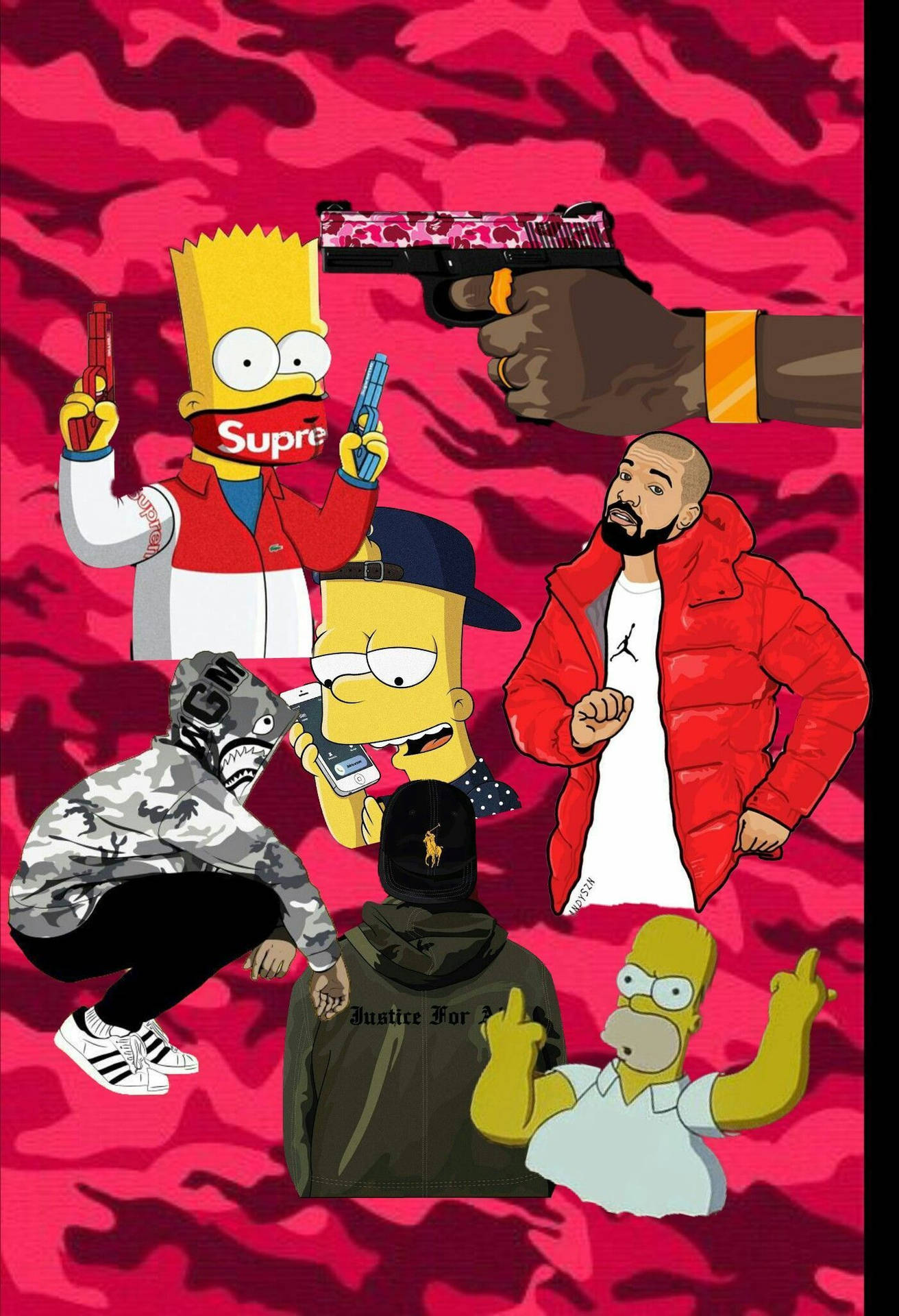 The Simpsons 桌布 壁紙 — 卡通角色穿著街頭服飾，在粉紅色迷彩背景前持槍和電話擺姿勢。