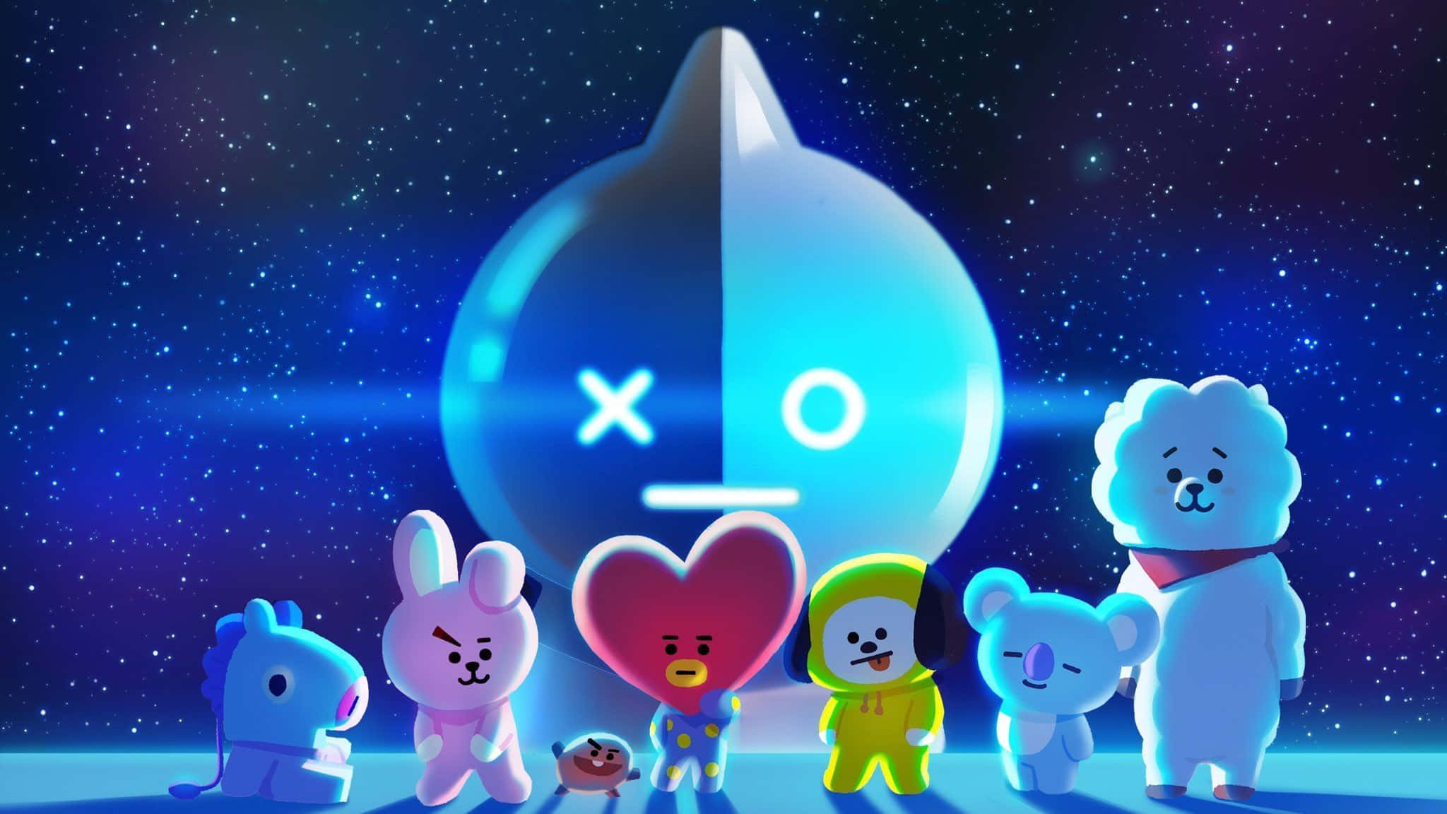 Bt21 4K 桌布 壁紙 — 卡通角色站在一個巨大的發光藍色外星人頭顱前，背景是星光燦爛的夜空。