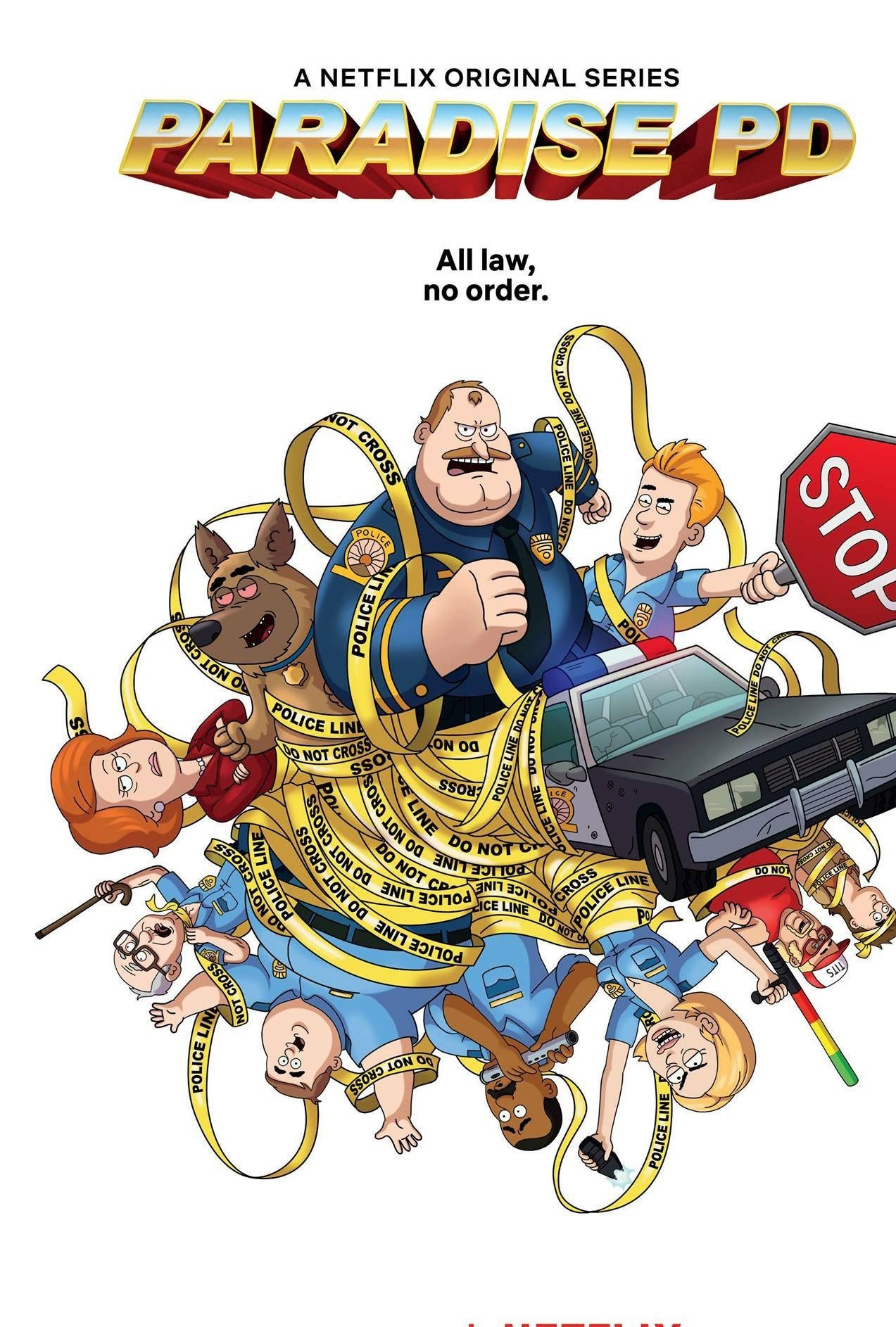 Animated Cartoon 桌布 壁紙 — 卡通角色纏繞在黃色警察膠帶中，圍繞一輛帶有停車標誌和「Paradise PD」標題的汽車。