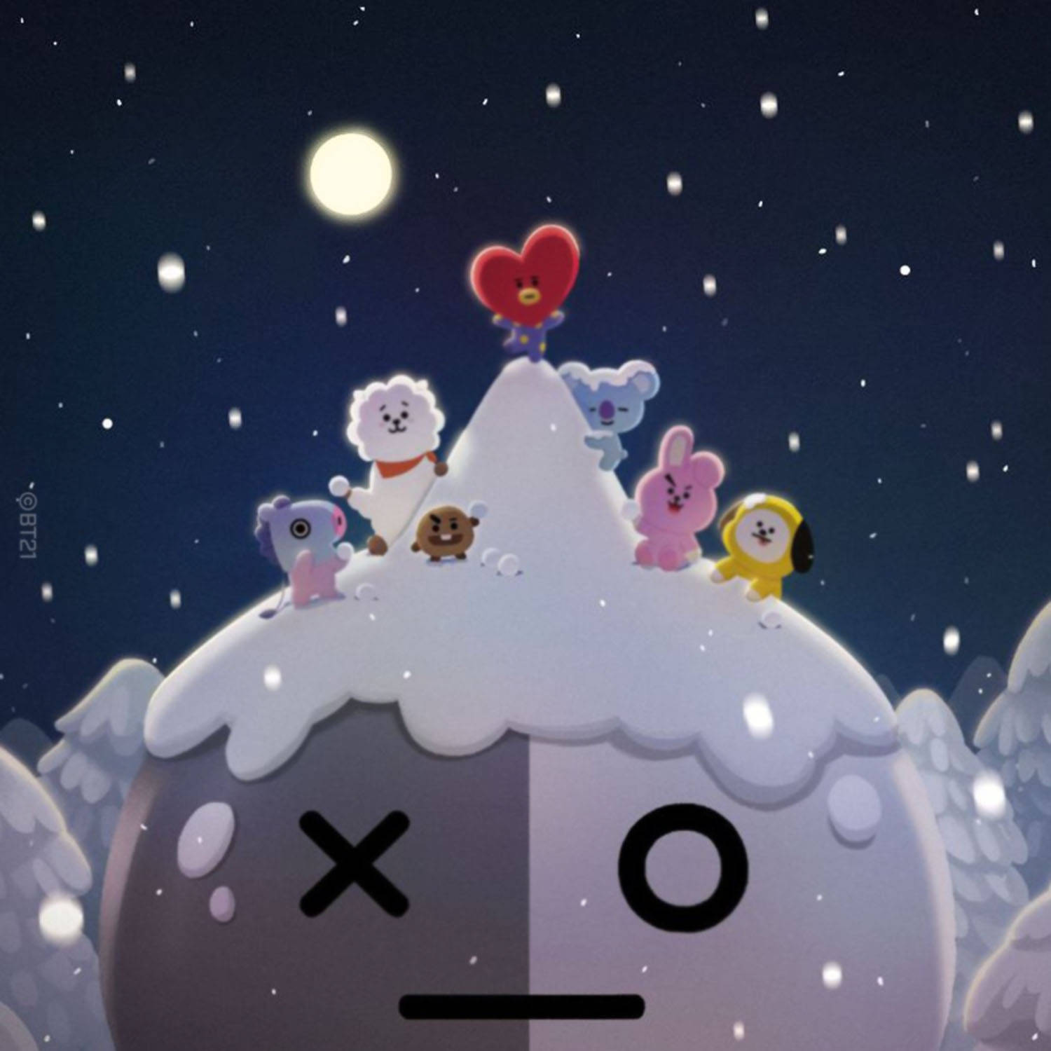 van bt21 桌布 壁紙 — 卡通角色聚集在一個微笑的雪覆蓋的月亮上，在星空下。