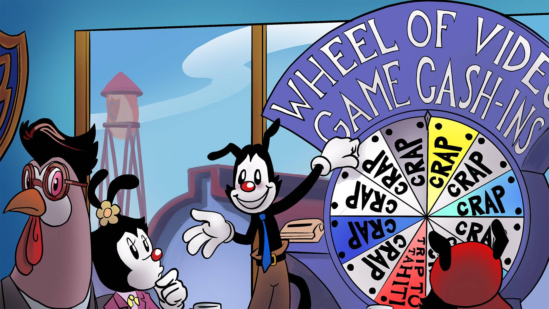 狂歡三寶 桌布 壁紙 — 卡通角色聚集在一個標有「Wheel of Video Game Cash-Ins」的大輪盤周圍，輪盤上有「crap」和「trip to Tahiti」部分。