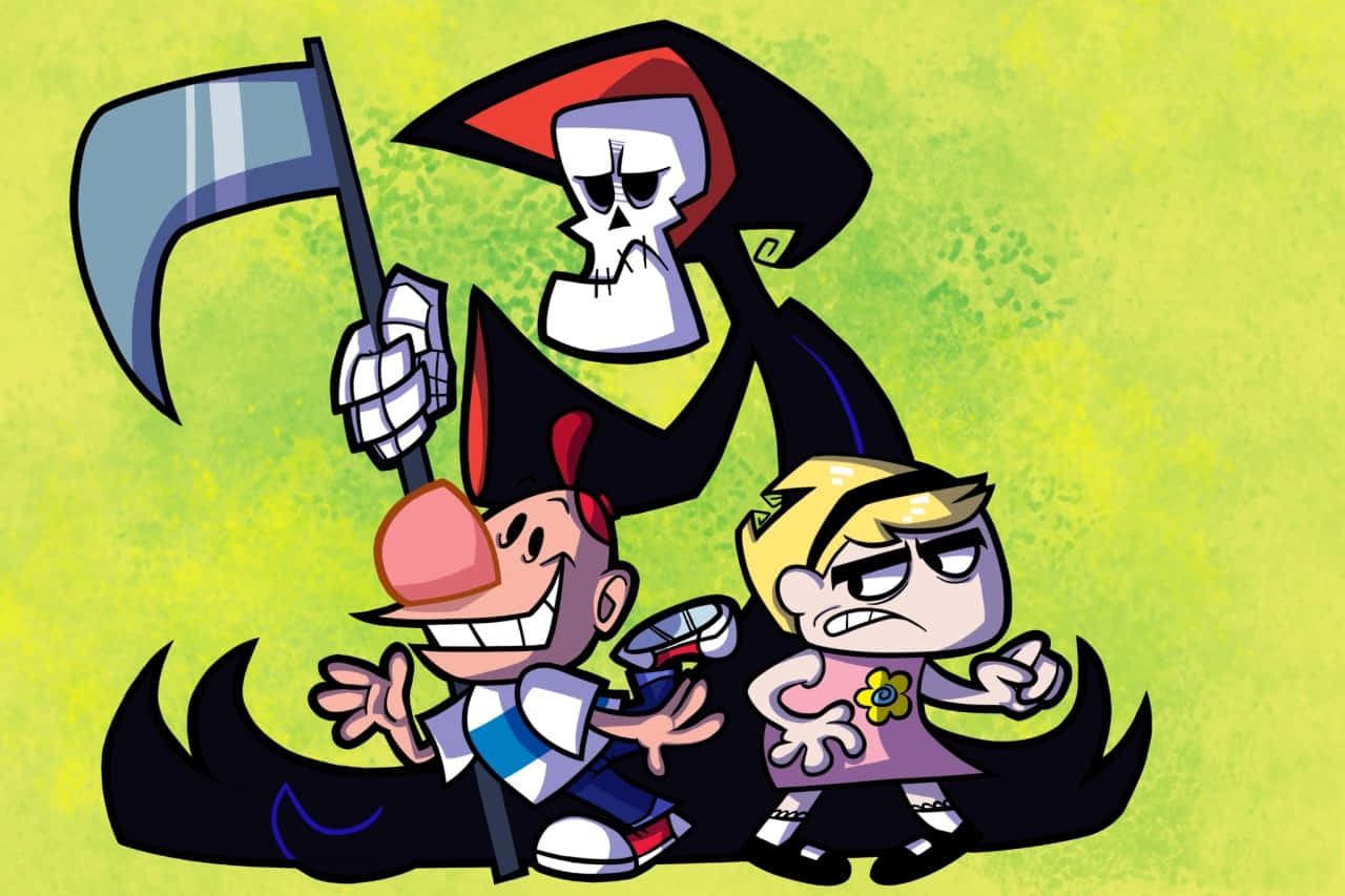 the grim adventures of billy and mandy 桌布 壁紙 — 卡通角色與一個手持鐮刀的死神形象，背景為亮綠色紋理。
